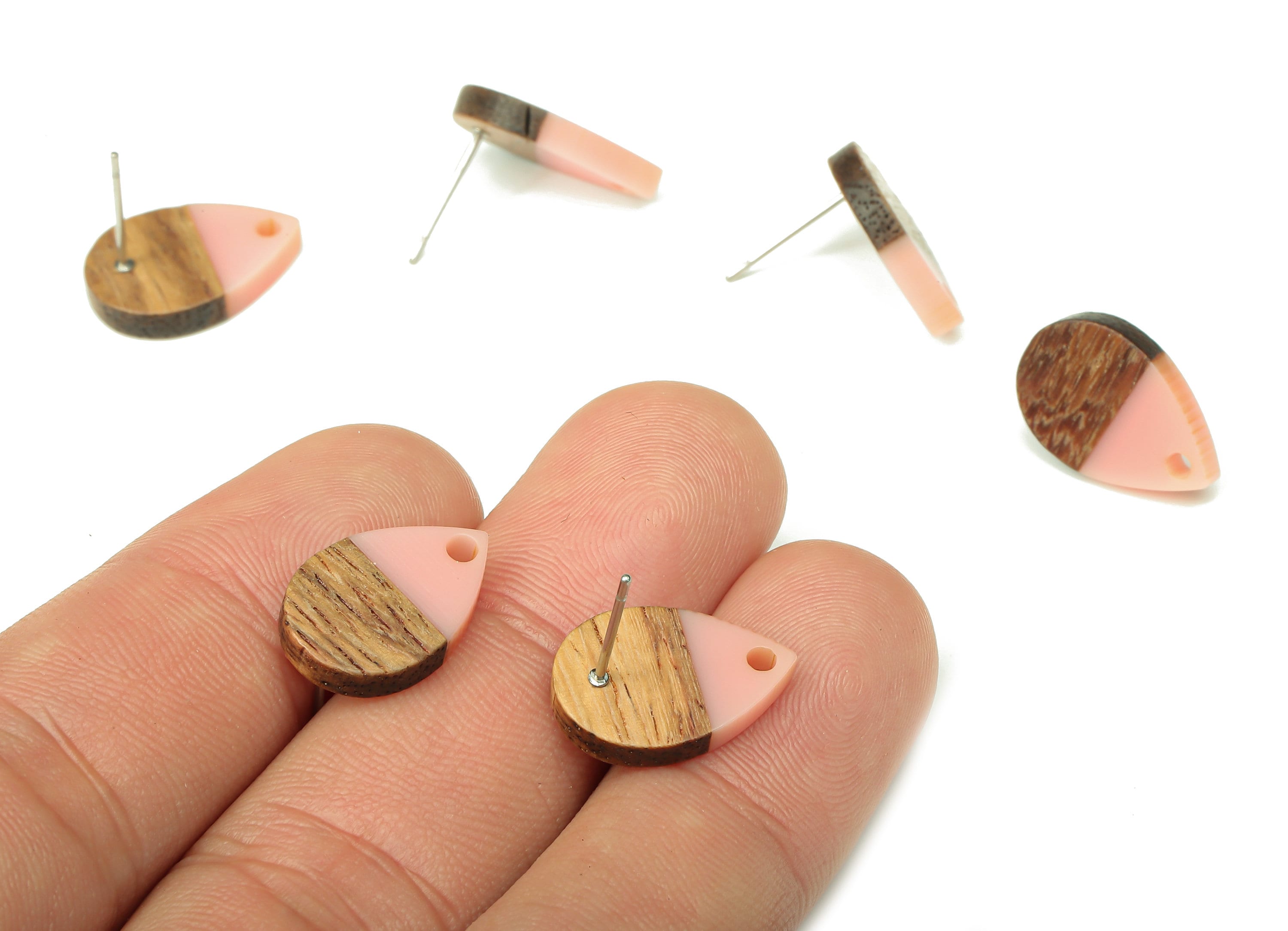 Natural Wooden Drop Earring Stud - Walnut Wood Pink Resin Teardrop Earring Post - 316 Stainless Steel Stud - 16.7x11.06x3.21mm - BB1251G - DOMEDBAZAAR