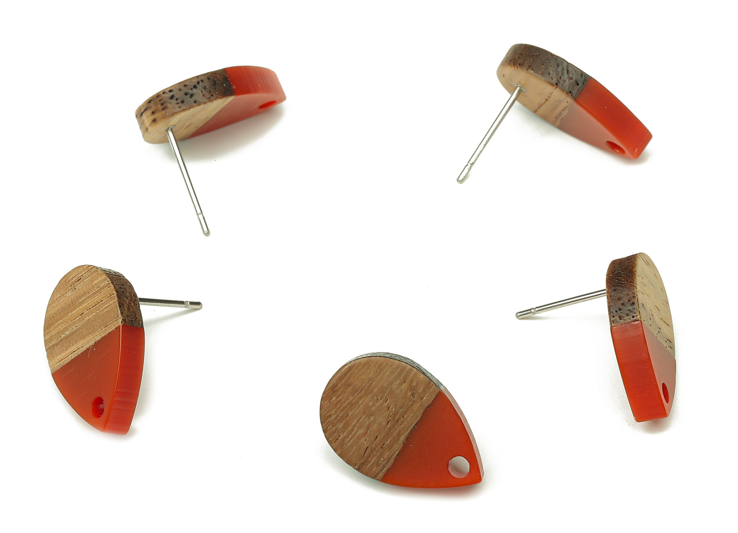 Natural Wooden Drop Earring Stud - Walnut Wood Red Resin Teardrop Earring Post - 316 Stainless Steel Stud - 16.7x11.06x3.21mm - BB1251R - DOMEDBAZAAR