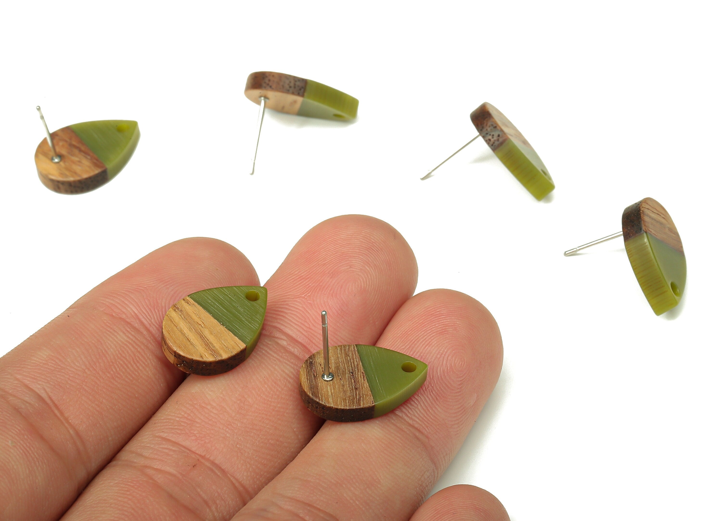 Natural Wooden Drop Earring Stud - Walnut Wood Dark Green Resin Teardrop Post - 316 Stainless Steel Stud - 16.7x11.06x3.21mm - BB1251H - DOMEDBAZAAR