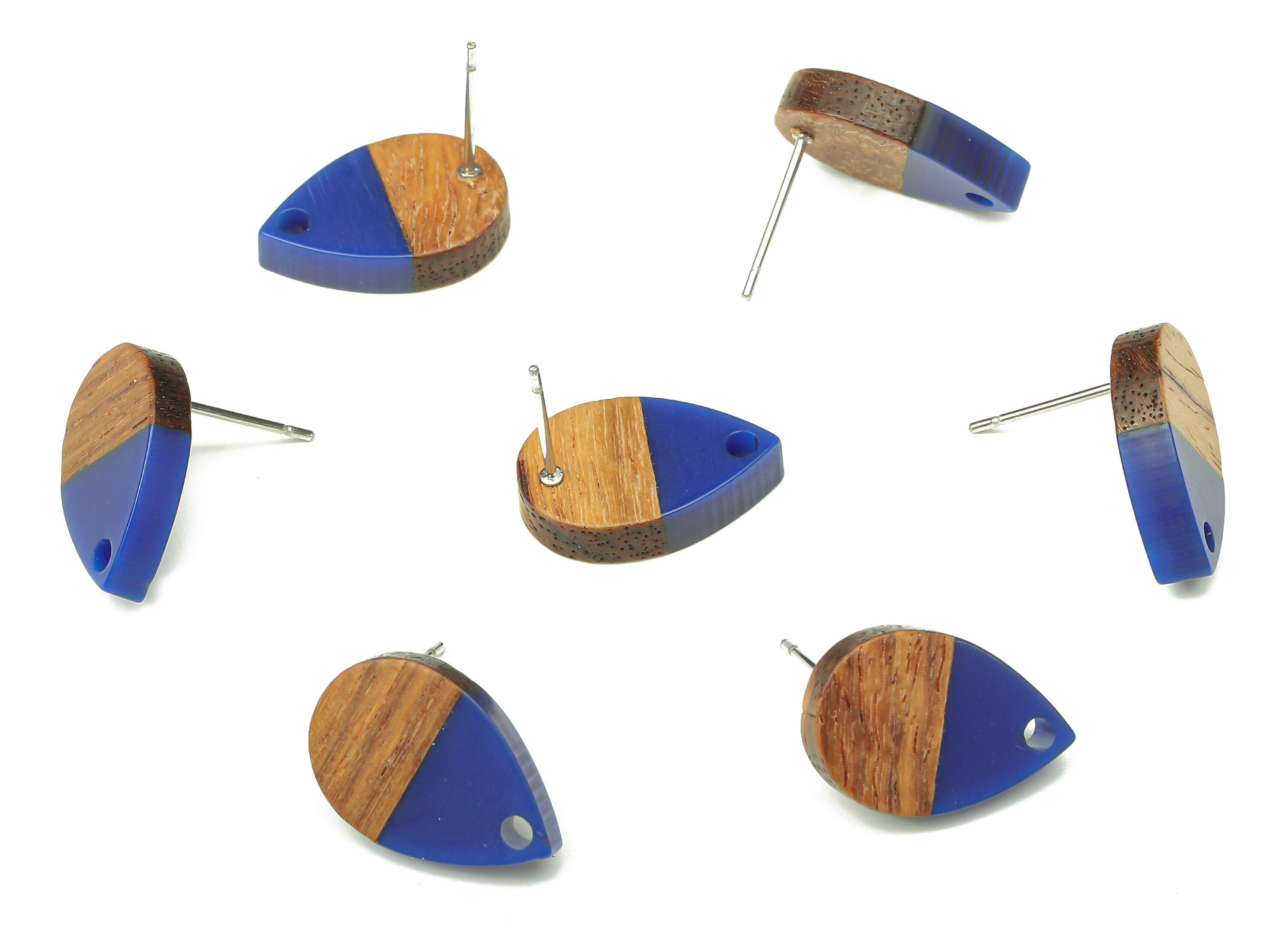 Natural Wooden Drop Earring Stud - Walnut Wood Dark Blue Resin Teardrop Post - 316 Stainless Steel Stud - 16.7x11.06x3.21mm - BB1251P - DOMEDBAZAAR