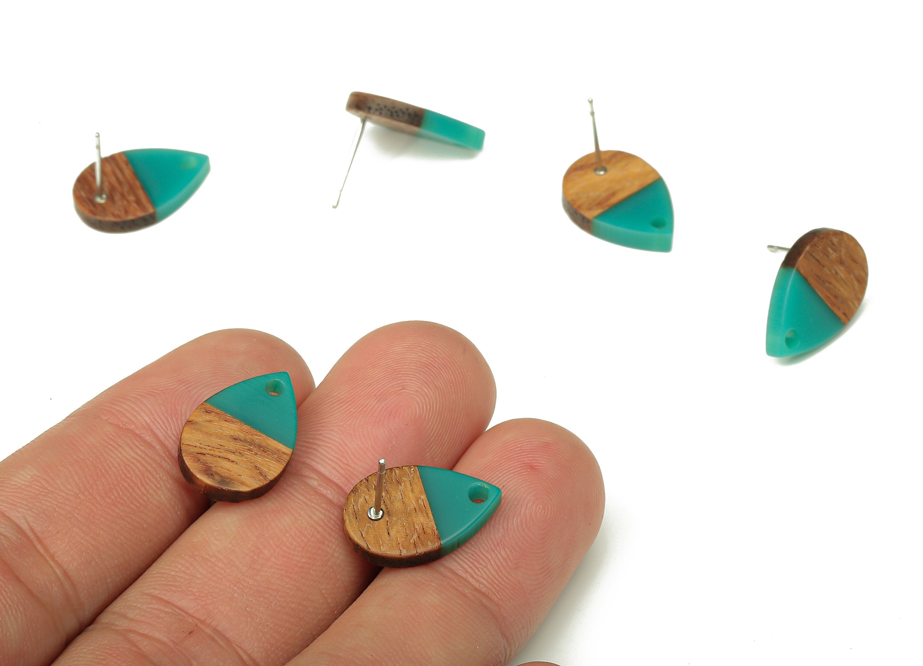 Natural Wooden Drop Earring Stud - Walnut Wood Petrol Resin Teardrop Earring Post - 316 Stainless Steel Stud - 16.7x11.06x3.21mm - BB1251K - DOMEDBAZAAR