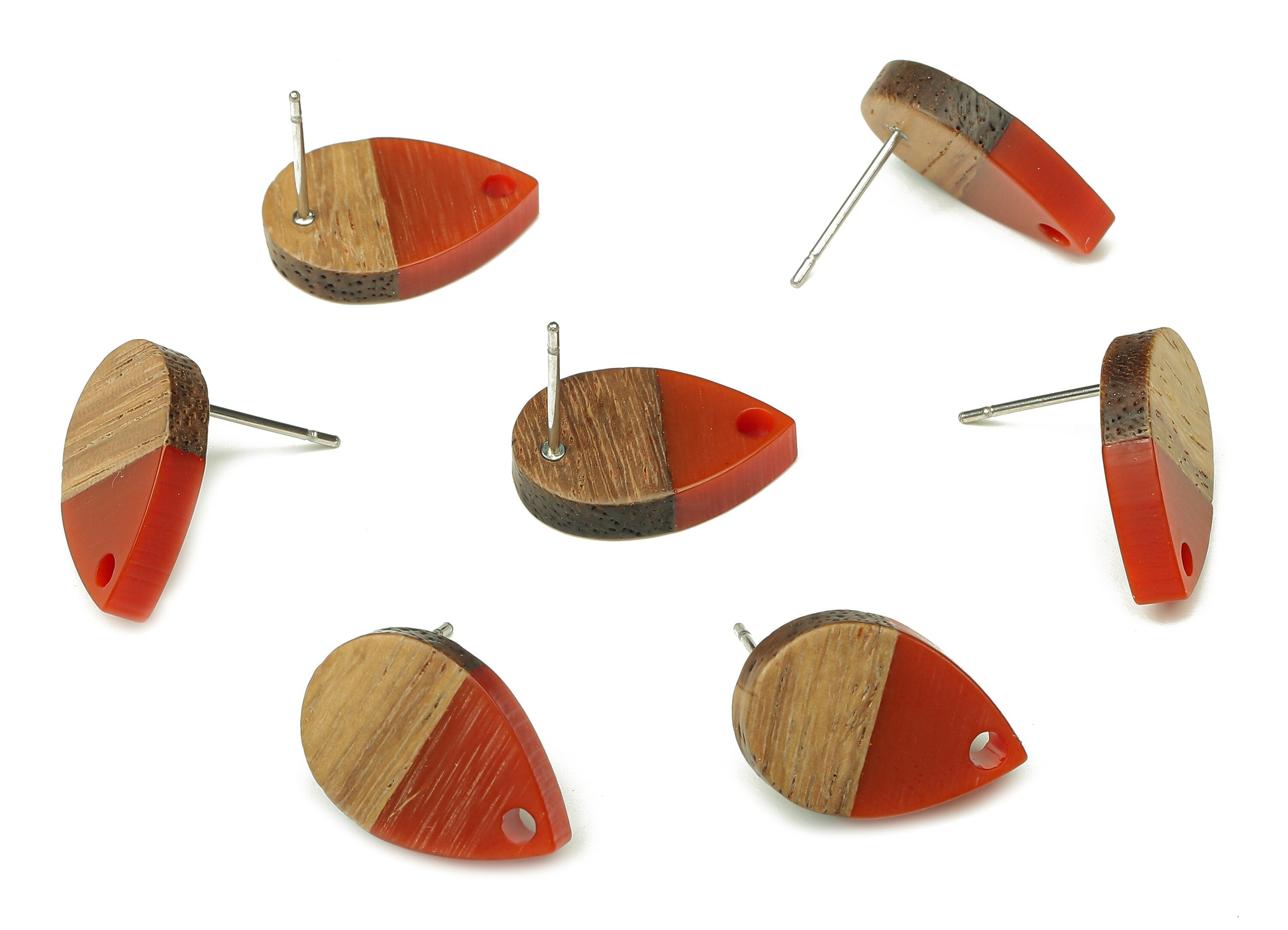 Natural Wooden Drop Earring Stud - Walnut Wood Red Resin Teardrop Earring Post - 316 Stainless Steel Stud - 16.7x11.06x3.21mm - BB1251R - DOMEDBAZAAR