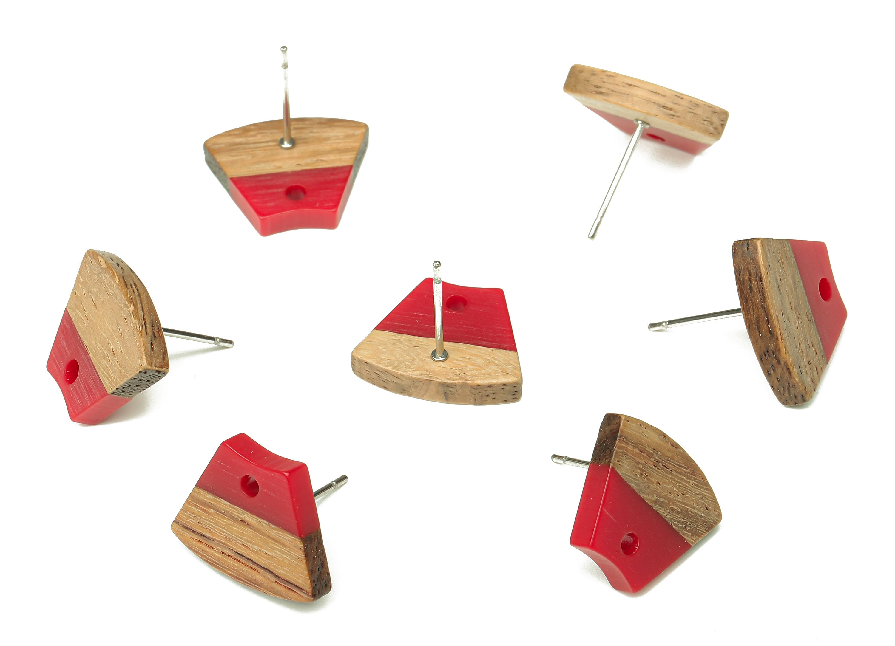 Natural Wooden Trapezoid Earring Stud - Walnut Wood Red Resin Fan Earring Post - 316 Stainless Steel Stud - 15.32x12.32x3.26mm - BB1252C - DOMEDBAZAAR