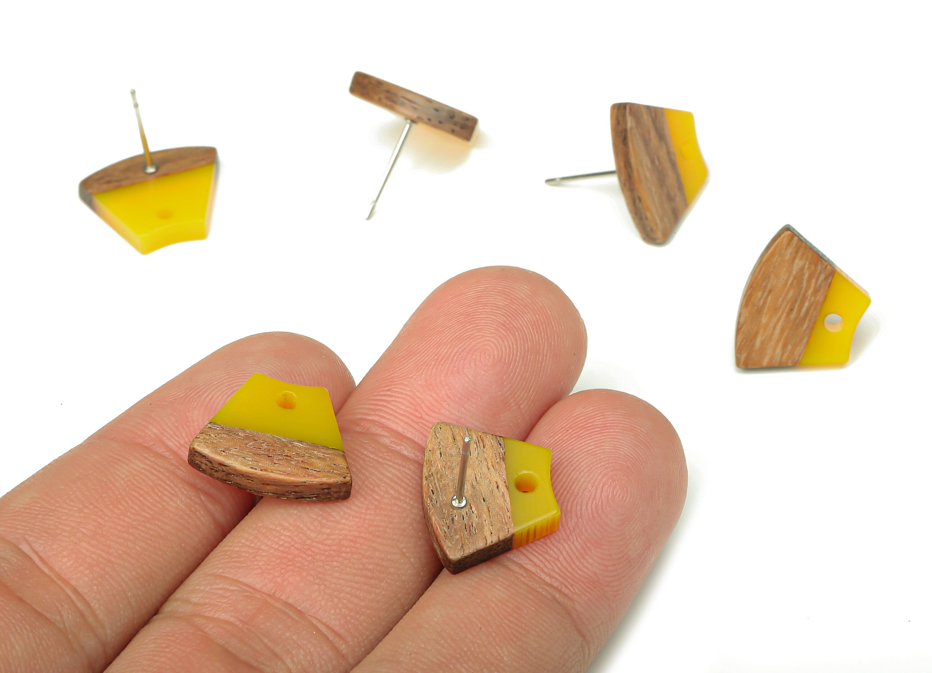 Natural Wooden Trapezoid Earring Stud - Walnut Wood Yellow Resin Fan Earring Post - 316 Stainless Steel Stud - 15.32x12.32x3.26mm - BB1252G - DOMEDBAZAAR