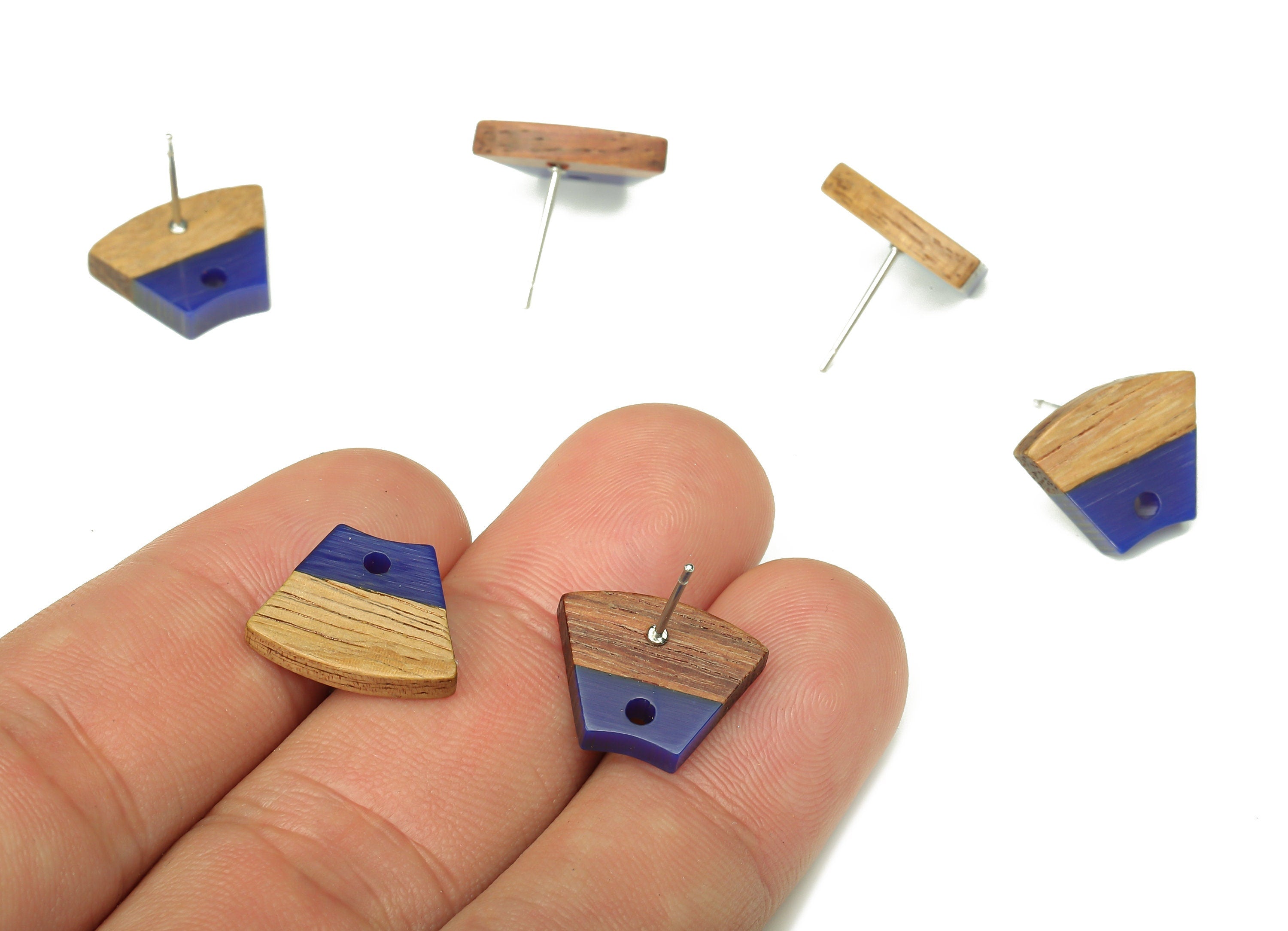 Natural Wooden Trapezoid Earring Stud - Walnut Wood Blue Resin Fan Earring Post - 316 Stainless Steel Stud - 15.32x12.32x3.26mm - BB1252H - DOMEDBAZAAR