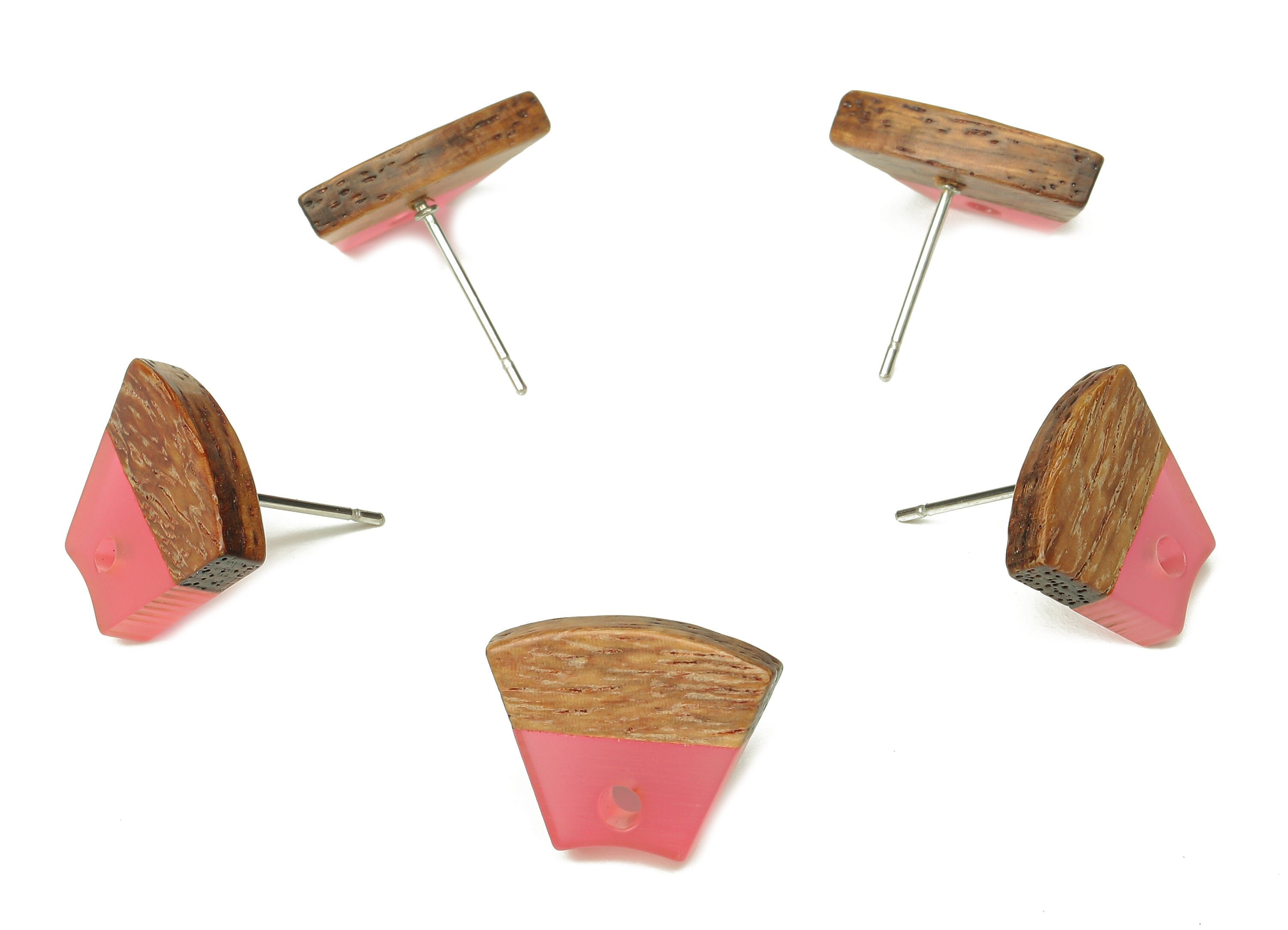 Natural Wooden Trapezoid Earring Stud - Walnut Wood Pink Resin Fan Earring Post - 316 Stainless Steel Stud - 15.32x12.32x3.26mm - BB1252K - DOMEDBAZAAR
