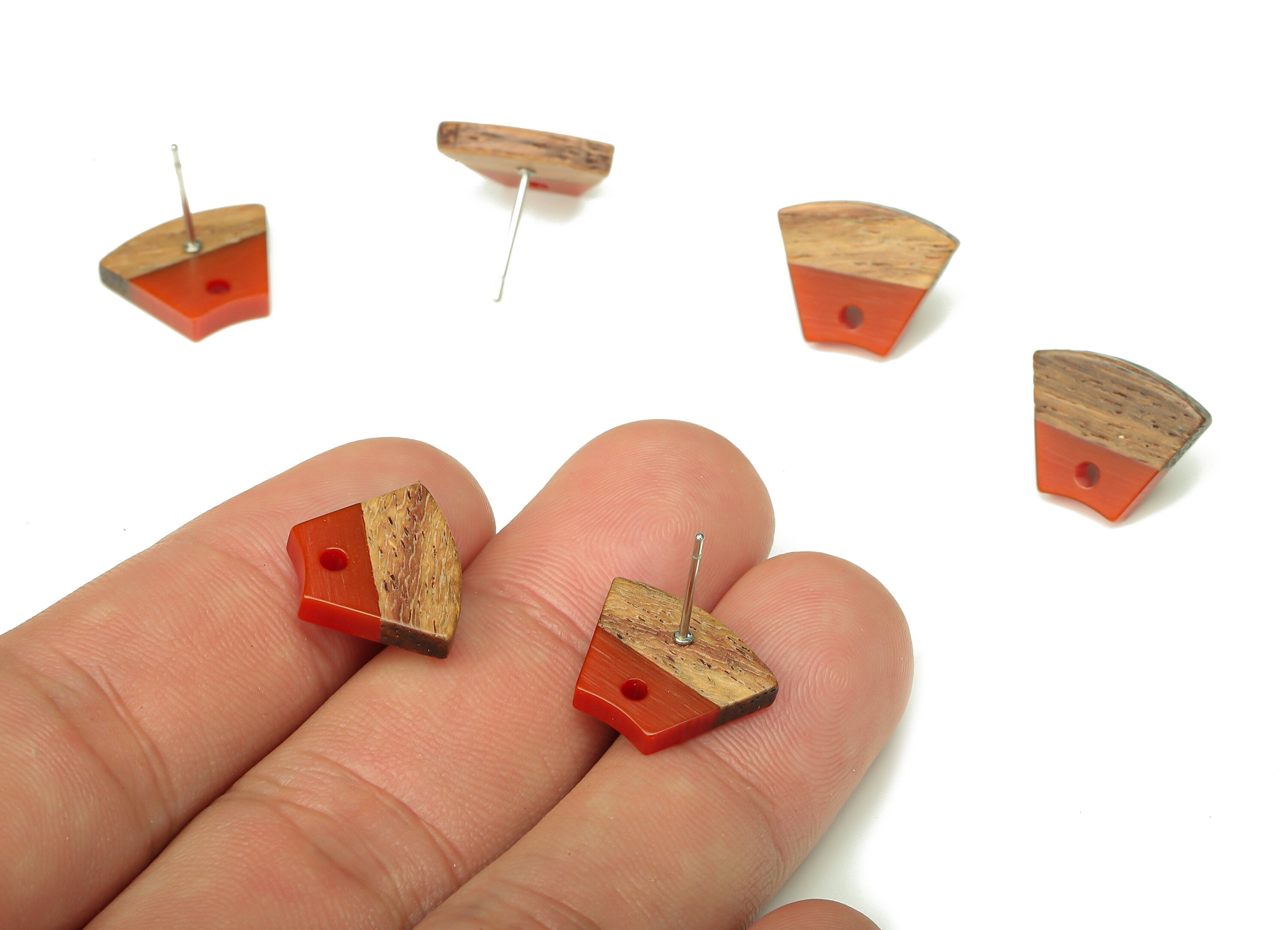 Natural Wooden Trapezoid Earring Stud - Walnut Wood Red Resin Fan Earring Post - 316 Stainless Steel Stud - 15.32x12.32x3.26mm - BB1252R - DOMEDBAZAAR