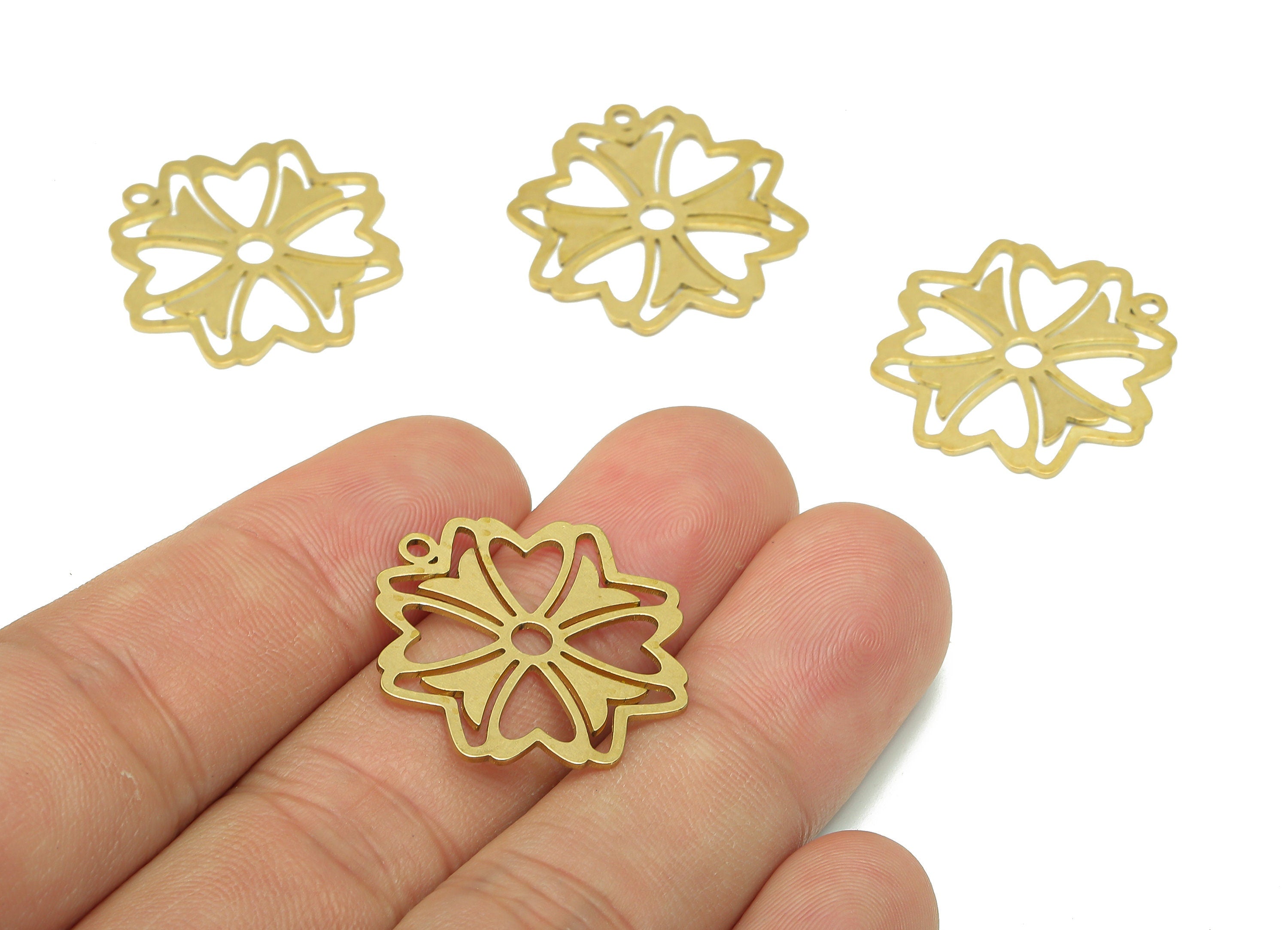 Brass Flower Earring Charms - Raw Brass Cutout Earring - Flower Pendant With Loop - Botanical Charm For Necklace - 25.1x23.6x0.7mm - PPA5183 - DOMEDBAZAAR