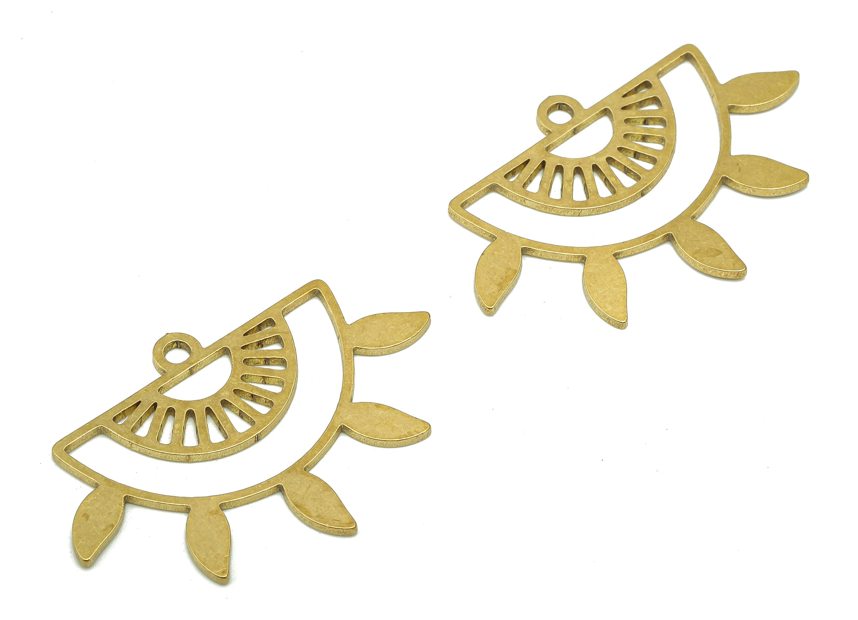 Brass Semicircle Earring Charm - Raw Brass Cutout Earring - Sun Pendant With Loop - Leaf Charm For Necklace - 33.8x22.3x0.9mm -PPA5345 - DOMEDBAZAAR