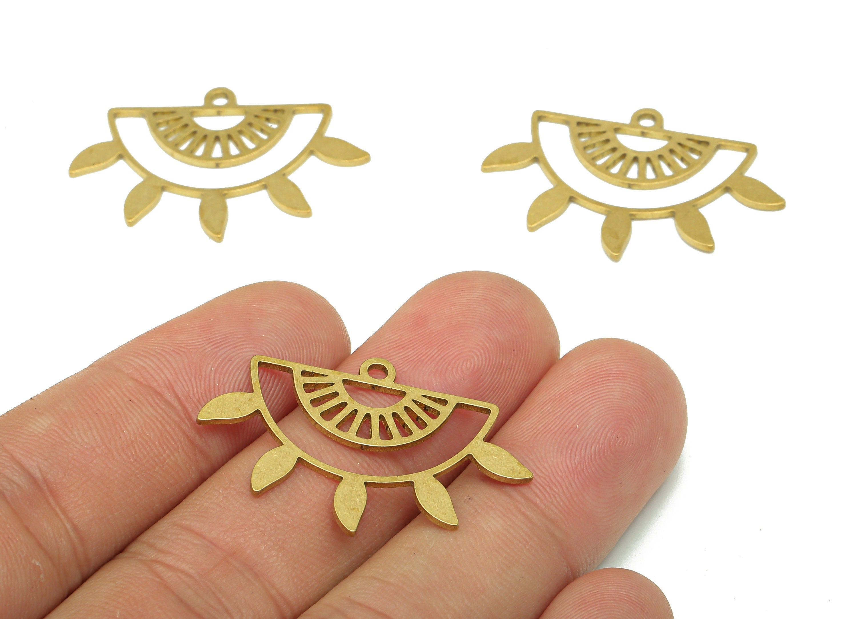 Brass Semicircle Earring Charm - Raw Brass Cutout Earring - Sun Pendant With Loop - Leaf Charm For Necklace - 33.8x22.3x0.9mm -PPA5345 - DOMEDBAZAAR