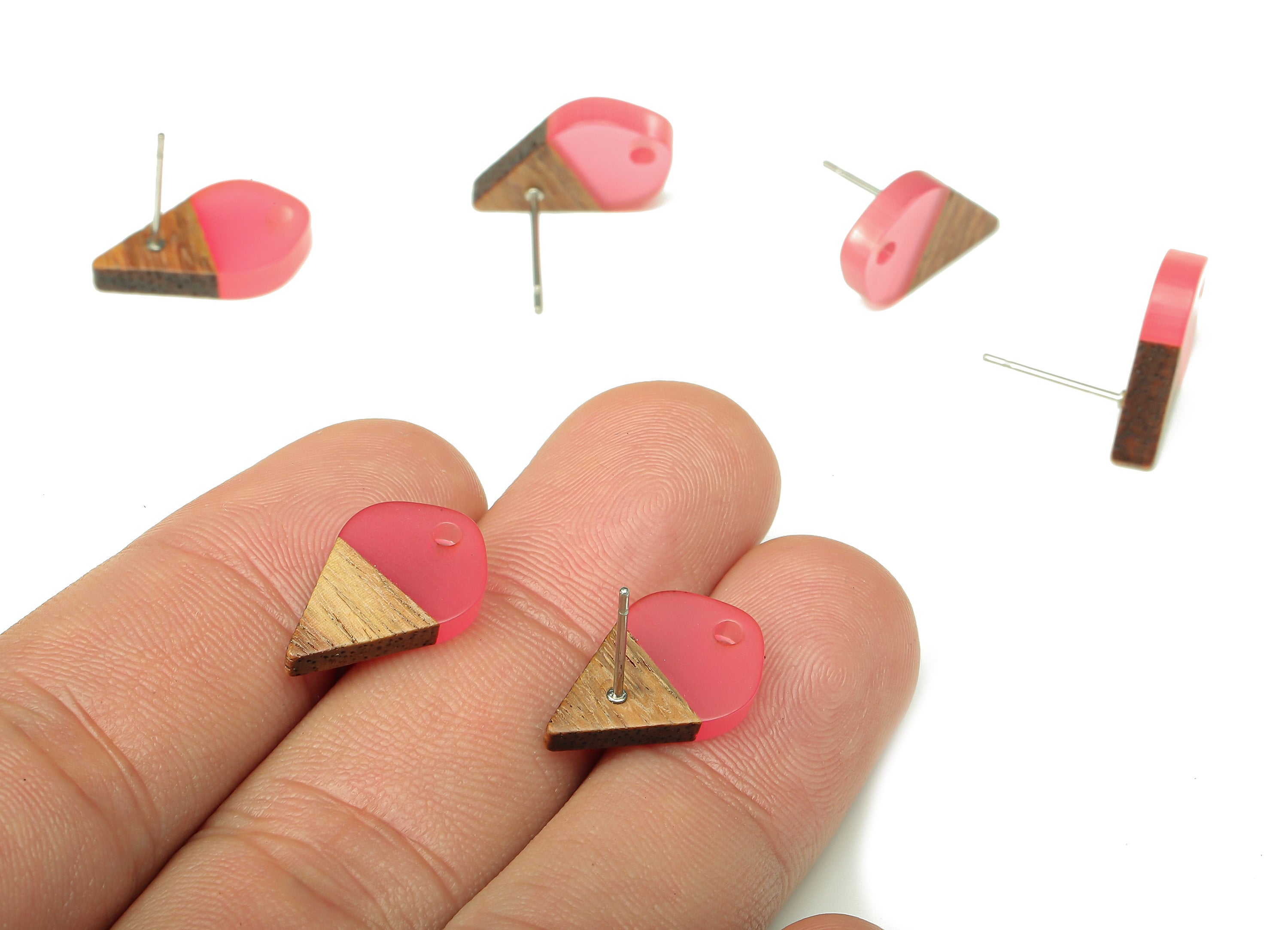 Natural Wooden Drop Earring Stud - Walnut Wood Pink Resin Teardrop Earring Post - 316 Stainless Steel Stud - 17.76x10.96x2.73mm - BB1253F - DOMEDBAZAAR