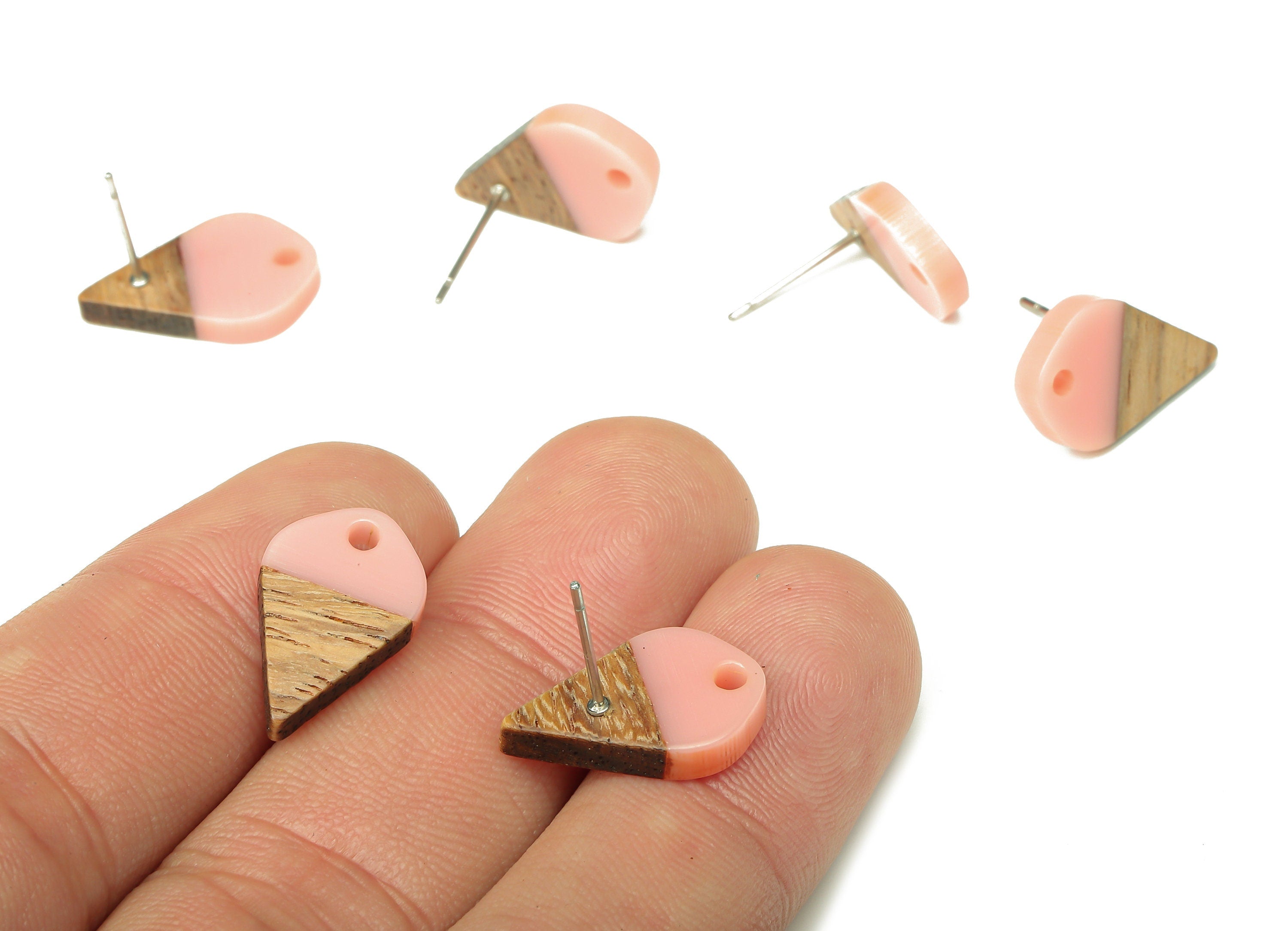Natural Wooden Drop Earring Stud - Walnut Wood Pink Resin Teardrop Earring Post - 316 Stainless Steel Stud - 17.76x10.96x2.73mm - BB1253M - DOMEDBAZAAR