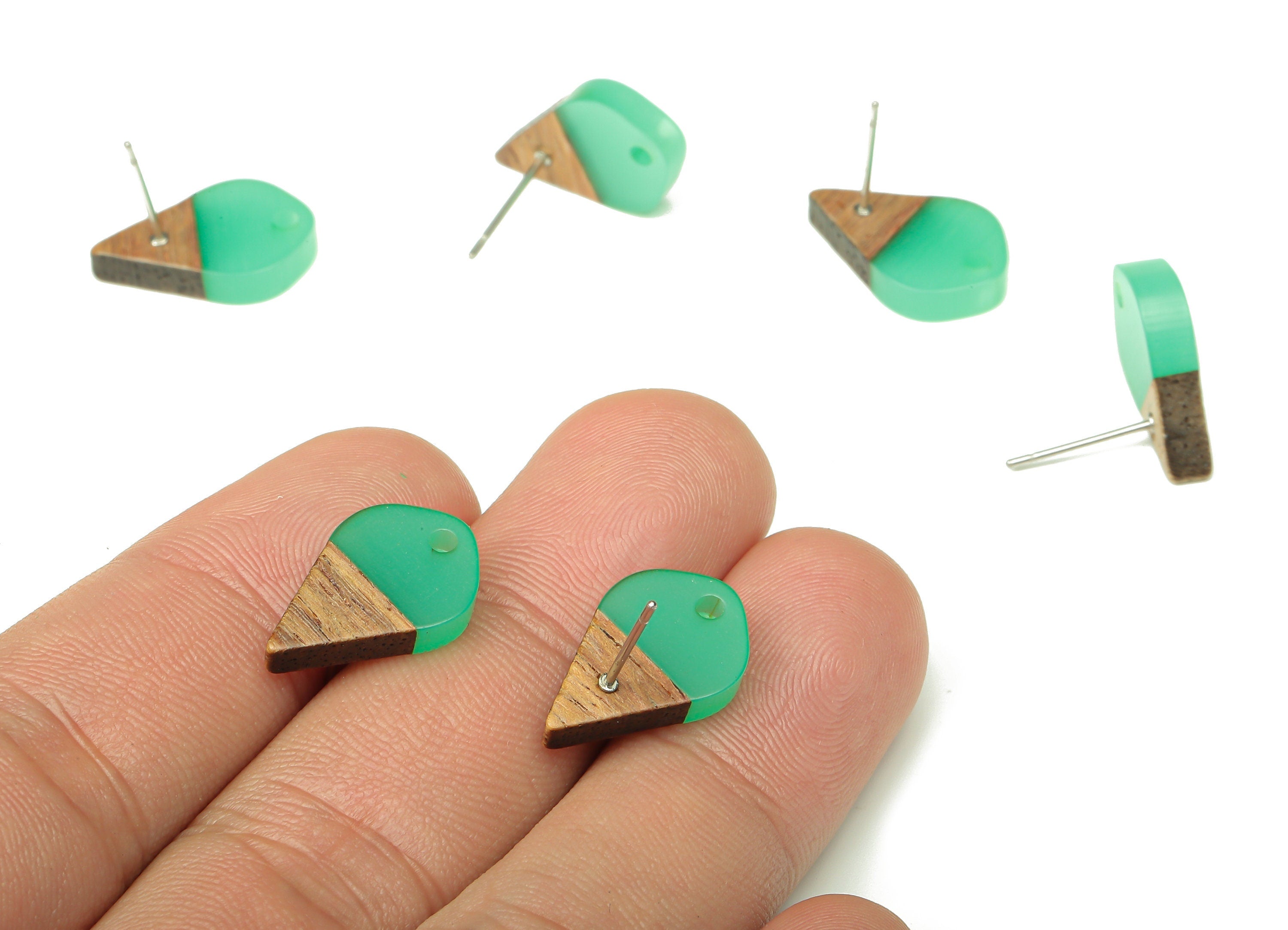 Natural Wooden Drop Earring Stud - Walnut Wood Green Resin Teardrop Earring Post - 316 Stainless Steel Stud - 17.76x10.96x2.73mm - BB1253R - DOMEDBAZAAR