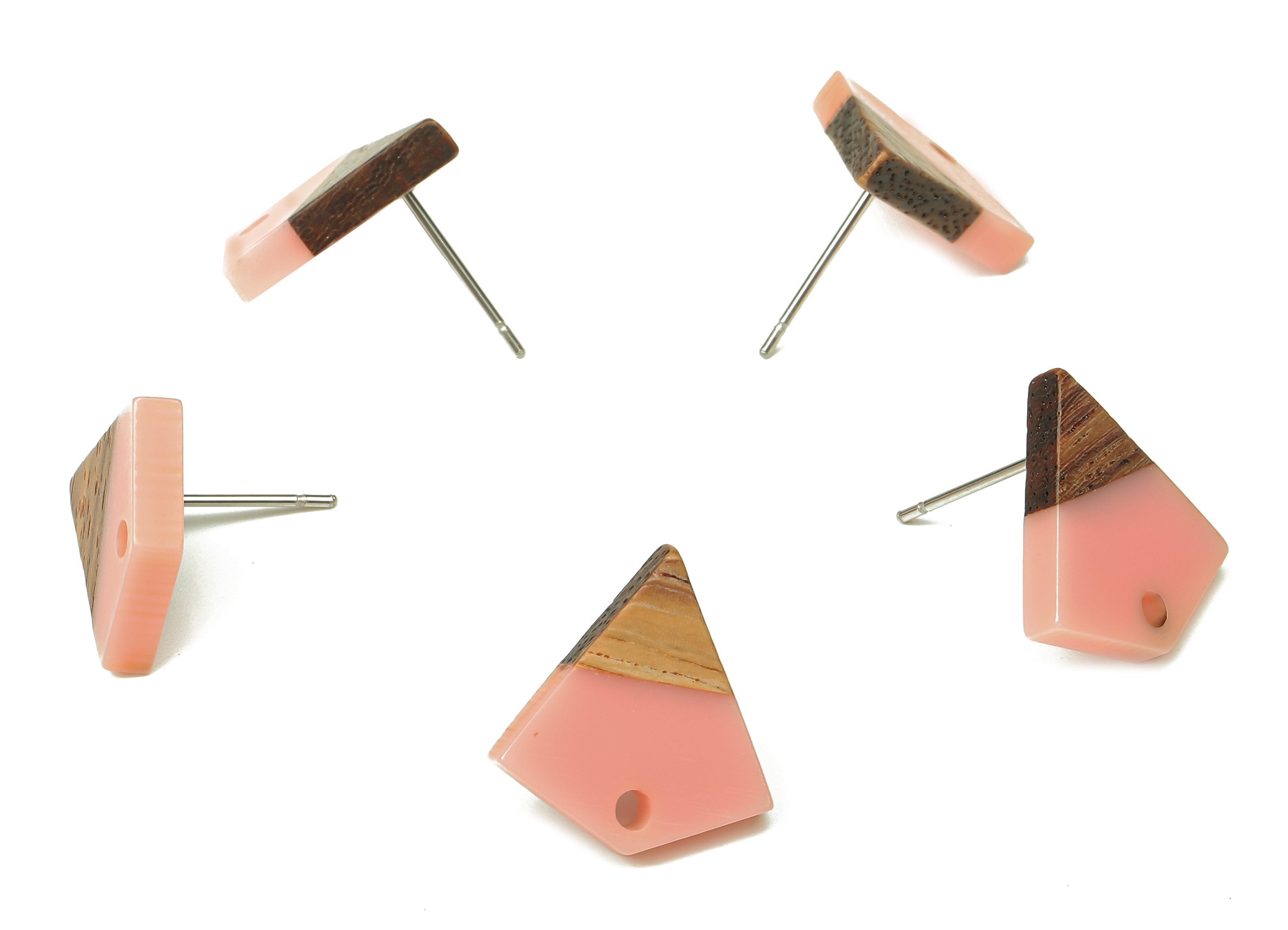 Natural Wooden Diamond Earring Stud - Walnut Wood Pink Resin Rhombus Post - 316 Stainless Steel Stud - 16.35x15.23x3.28mm - BB1254N - DOMEDBAZAAR