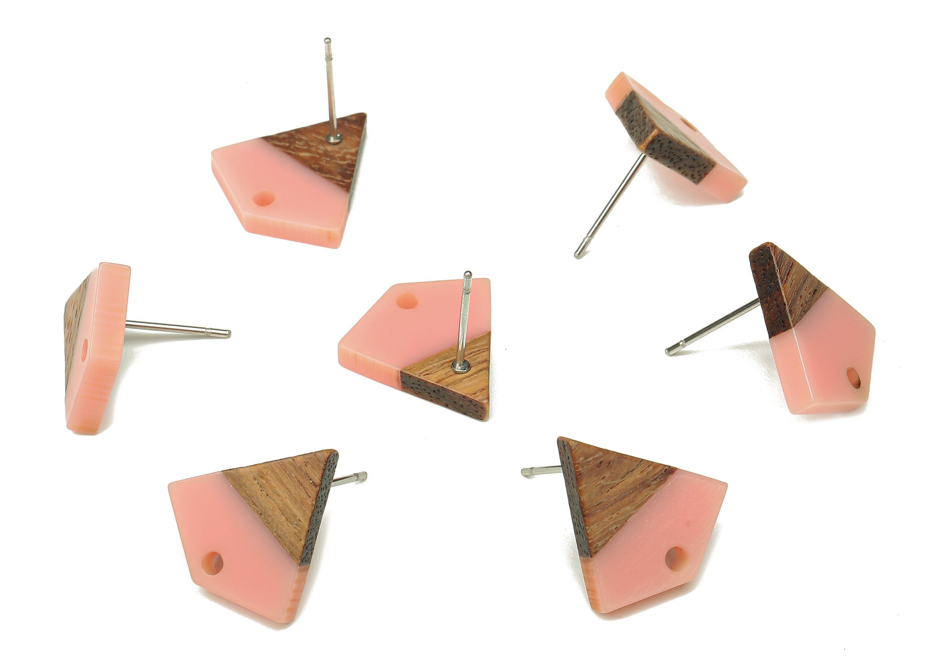 Natural Wooden Diamond Earring Stud - Walnut Wood Pink Resin Rhombus Post - 316 Stainless Steel Stud - 16.35x15.23x3.28mm - BB1254N - DOMEDBAZAAR