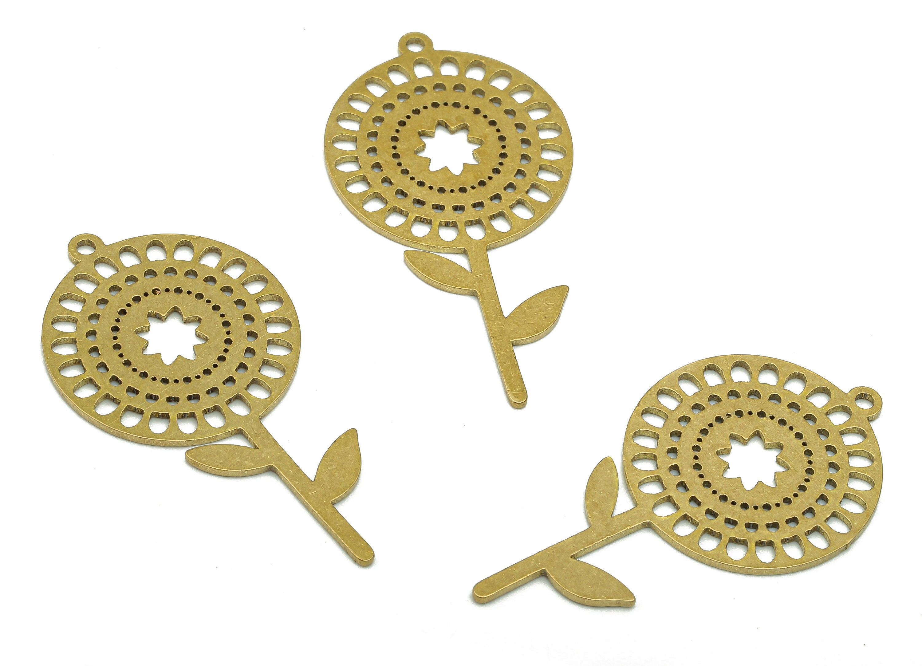 Brass Round Earring Charm - Raw Brass Cutout Earring - Circle Pendant With Loop - Sun Flower For Necklace - 37.74x20.14x0.9mm - PPA5409 - DOMEDBAZAAR