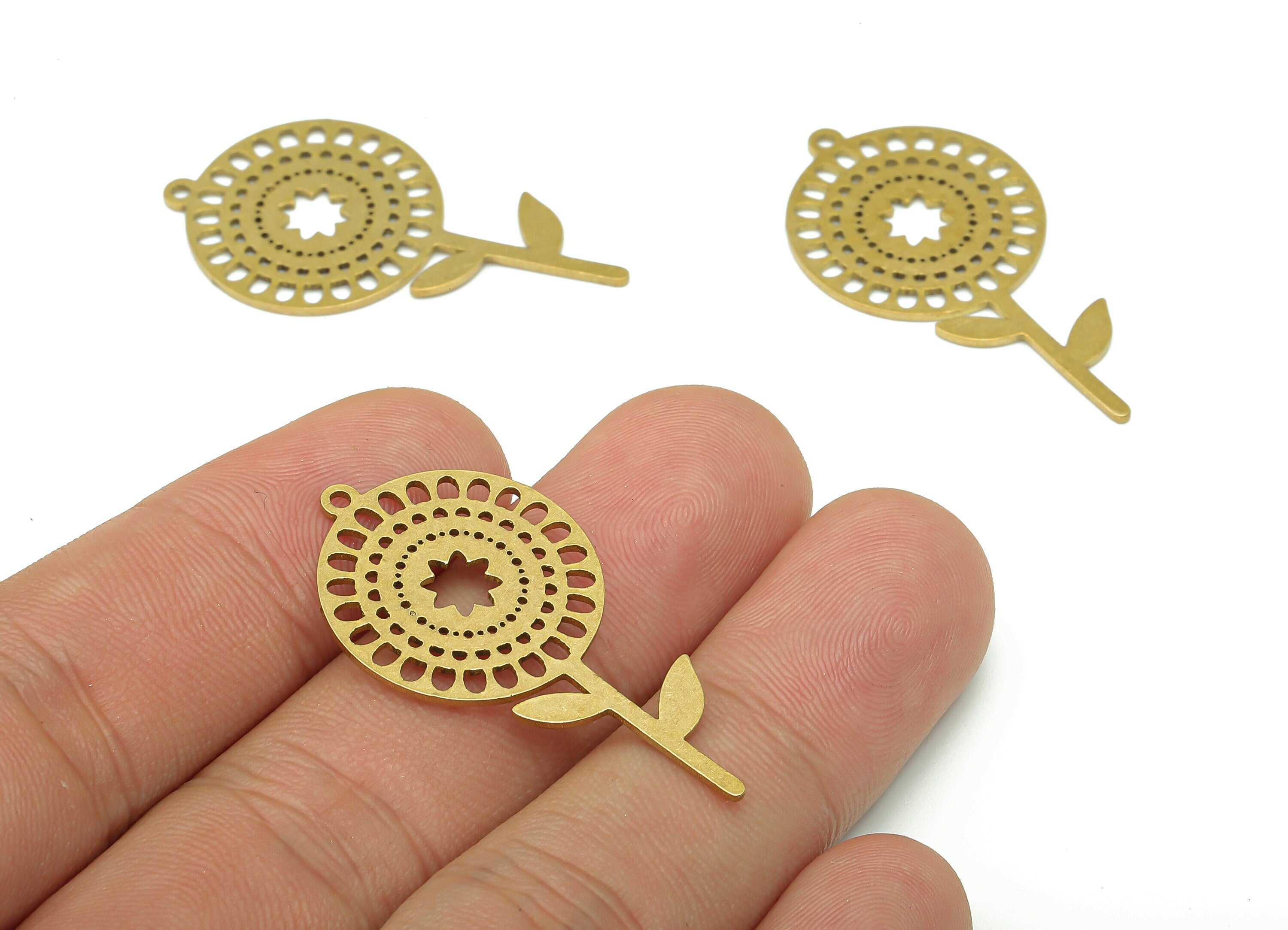 Brass Round Earring Charm - Raw Brass Cutout Earring - Circle Pendant With Loop - Sun Flower For Necklace - 37.74x20.14x0.9mm - PPA5409 - DOMEDBAZAAR