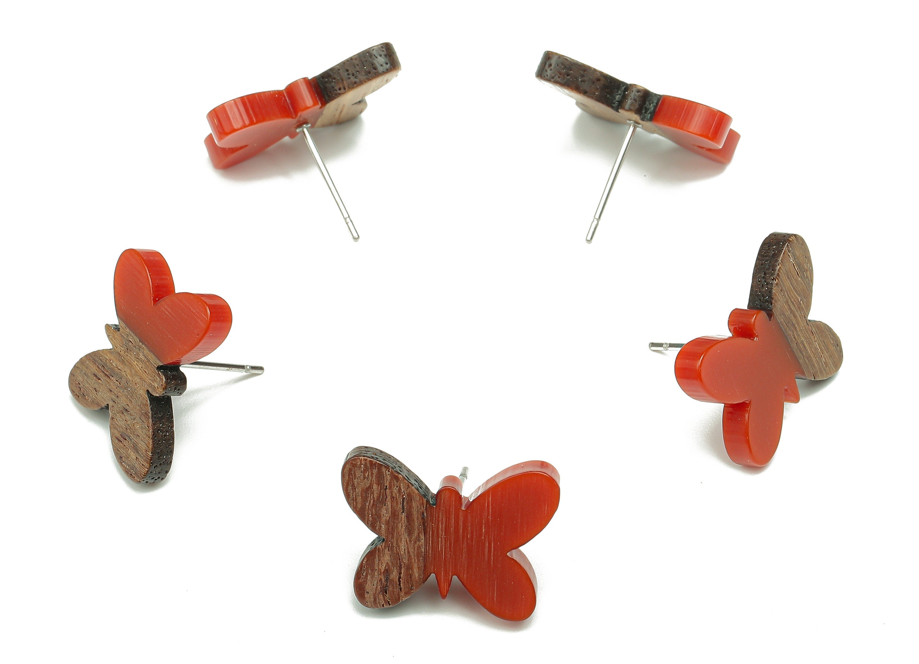 Natural Wooden Butterfly Earring Stud - Walnut Wood Red Resin Earring Post - 316 Stainless Steel Stud - 18.13x13.48x3.17mm - BB1273A - DOMEDBAZAAR