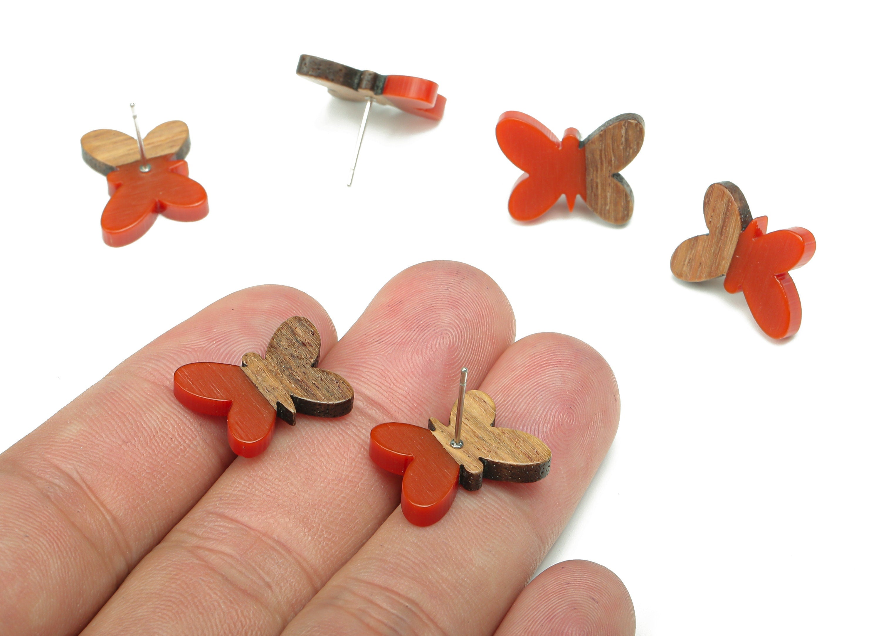Natural Wooden Butterfly Earring Stud - Walnut Wood Red Resin Earring Post - 316 Stainless Steel Stud - 18.13x13.48x3.17mm - BB1273A - DOMEDBAZAAR