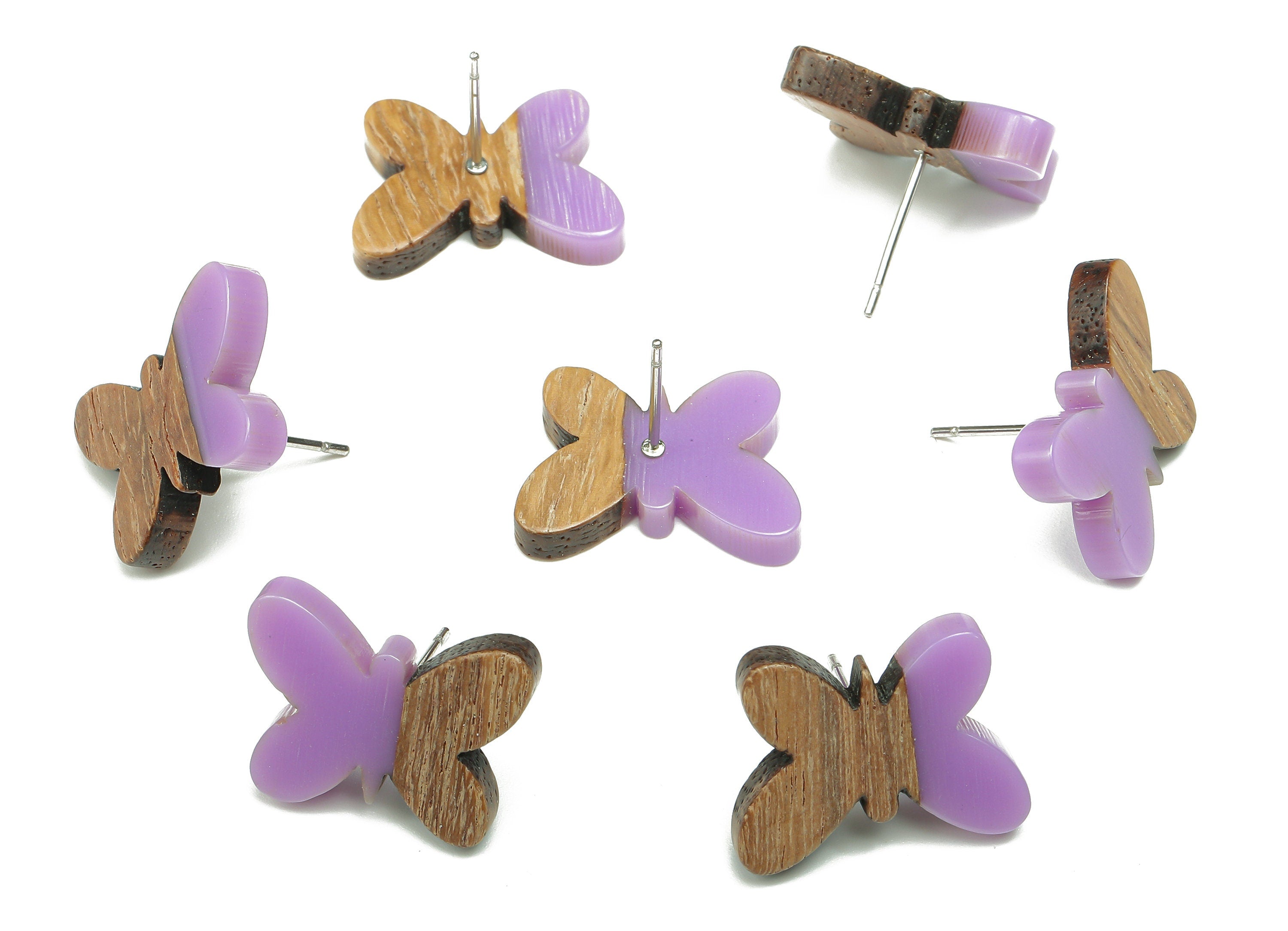 Natural Wooden Butterfly Earring Stud - Walnut Wood Purple Resin Earring Post - 316 Stainless Steel Stud - 18.13x13.48x3.17mm - BB1273C - DOMEDBAZAAR