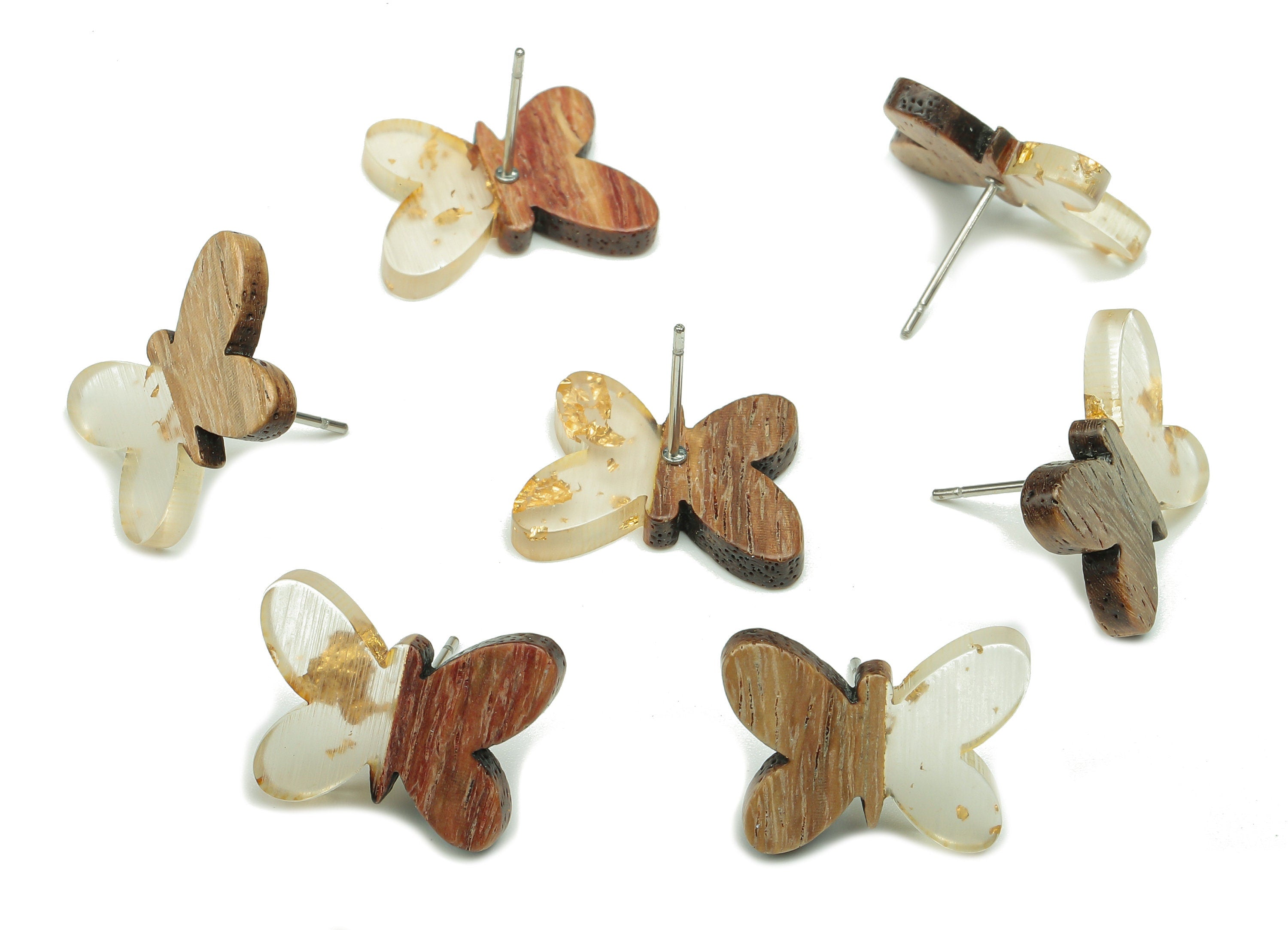 Natural Wooden Butterfly Earring Stud - Walnut Wood Clear With Gold Foil Resin Post - 316 Stainless Steel Stud - 18.13x13.48x3.17mm -BB1273G - DOMEDBAZAAR