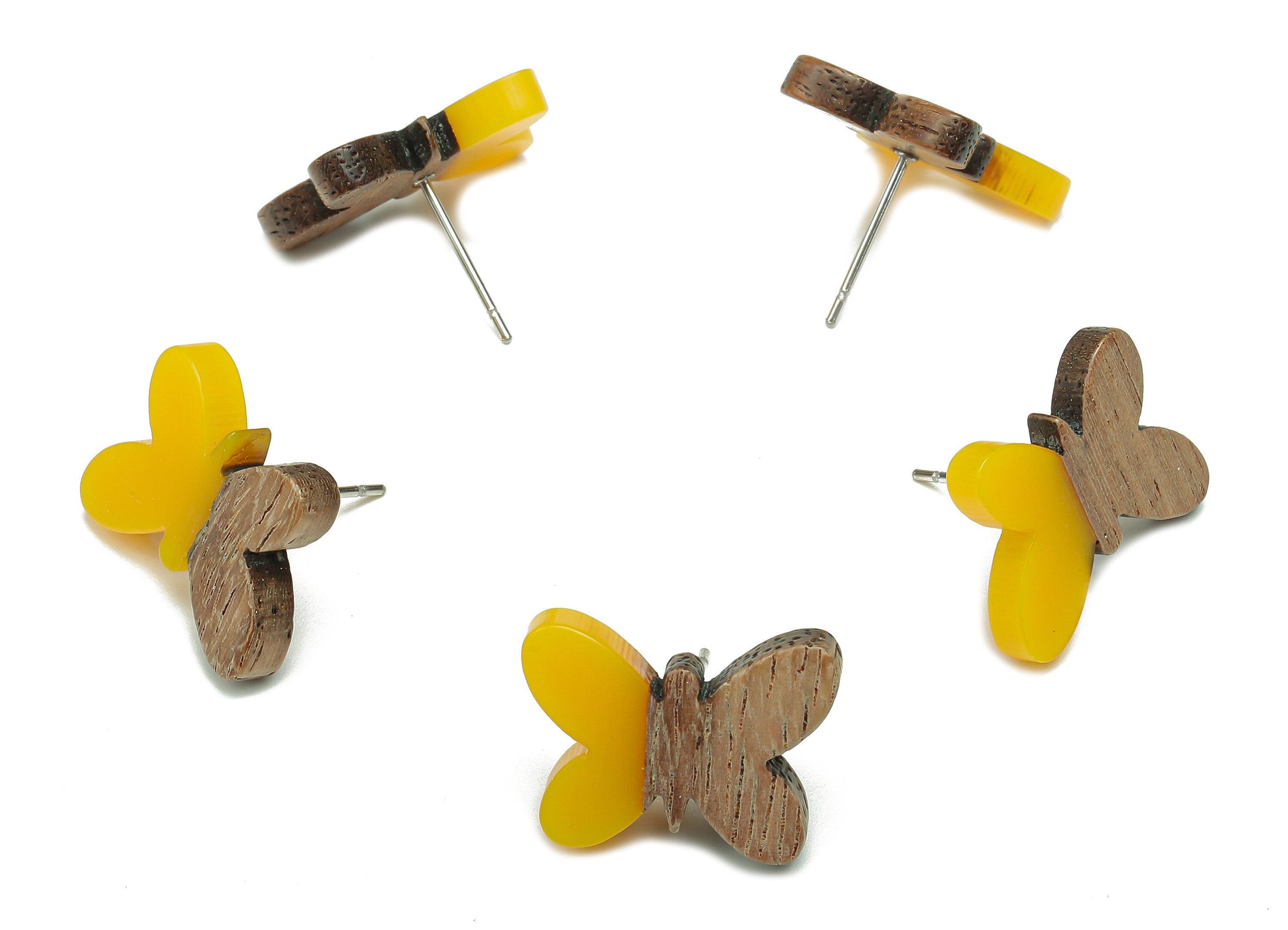 Natural Wooden Butterfly Earring Stud - Walnut Wood Yellow Resin Earring Post - 316 Stainless Steel Stud - 18.13x13.48x3.17mm - BB1273L - DOMEDBAZAAR