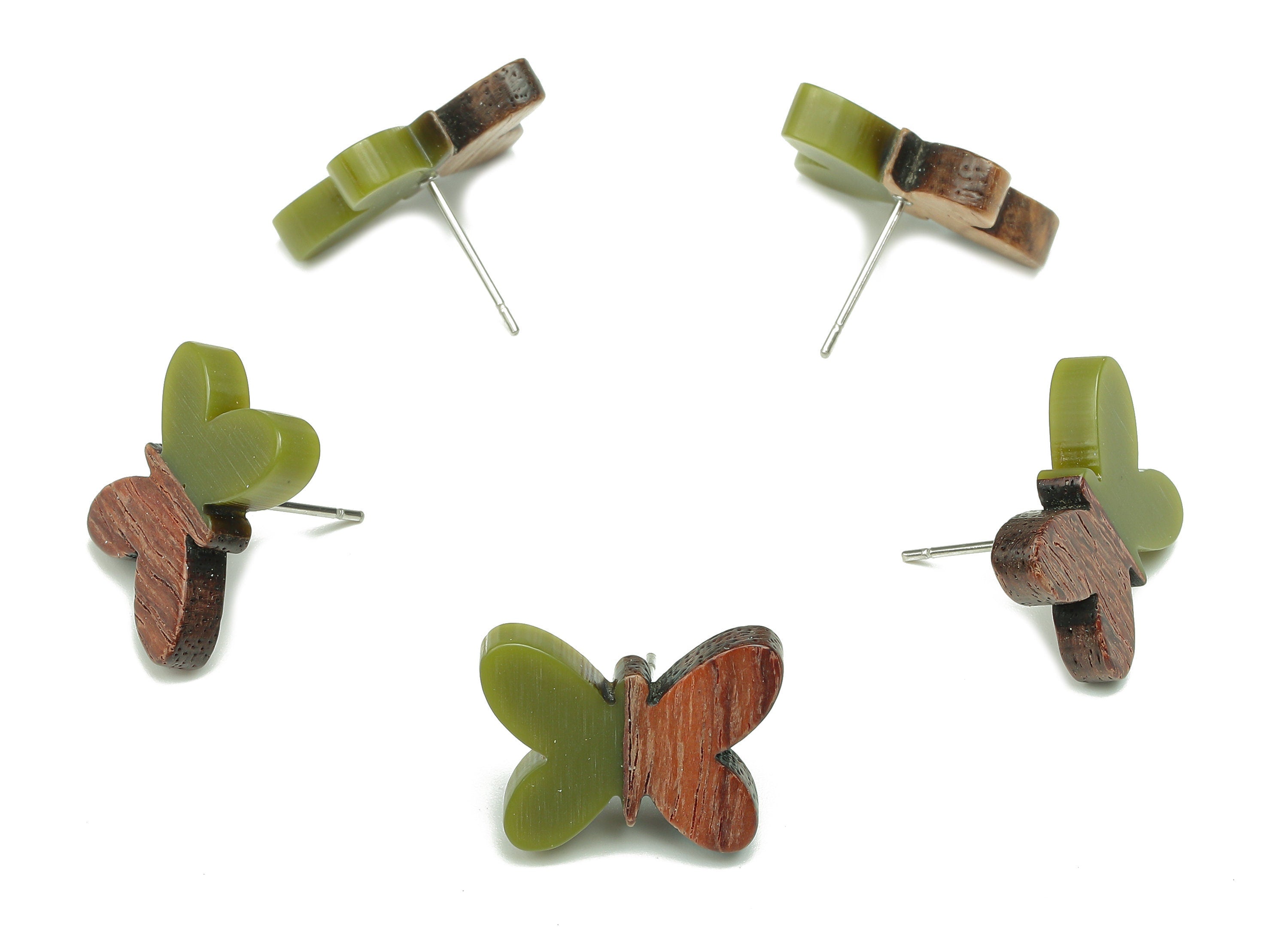 Natural Wooden Butterfly Earring Stud - Walnut Wood Green Resin Earring Post - 316 Stainless Steel Stud - 18.13x13.48x3.17mm - BB1273R - DOMEDBAZAAR