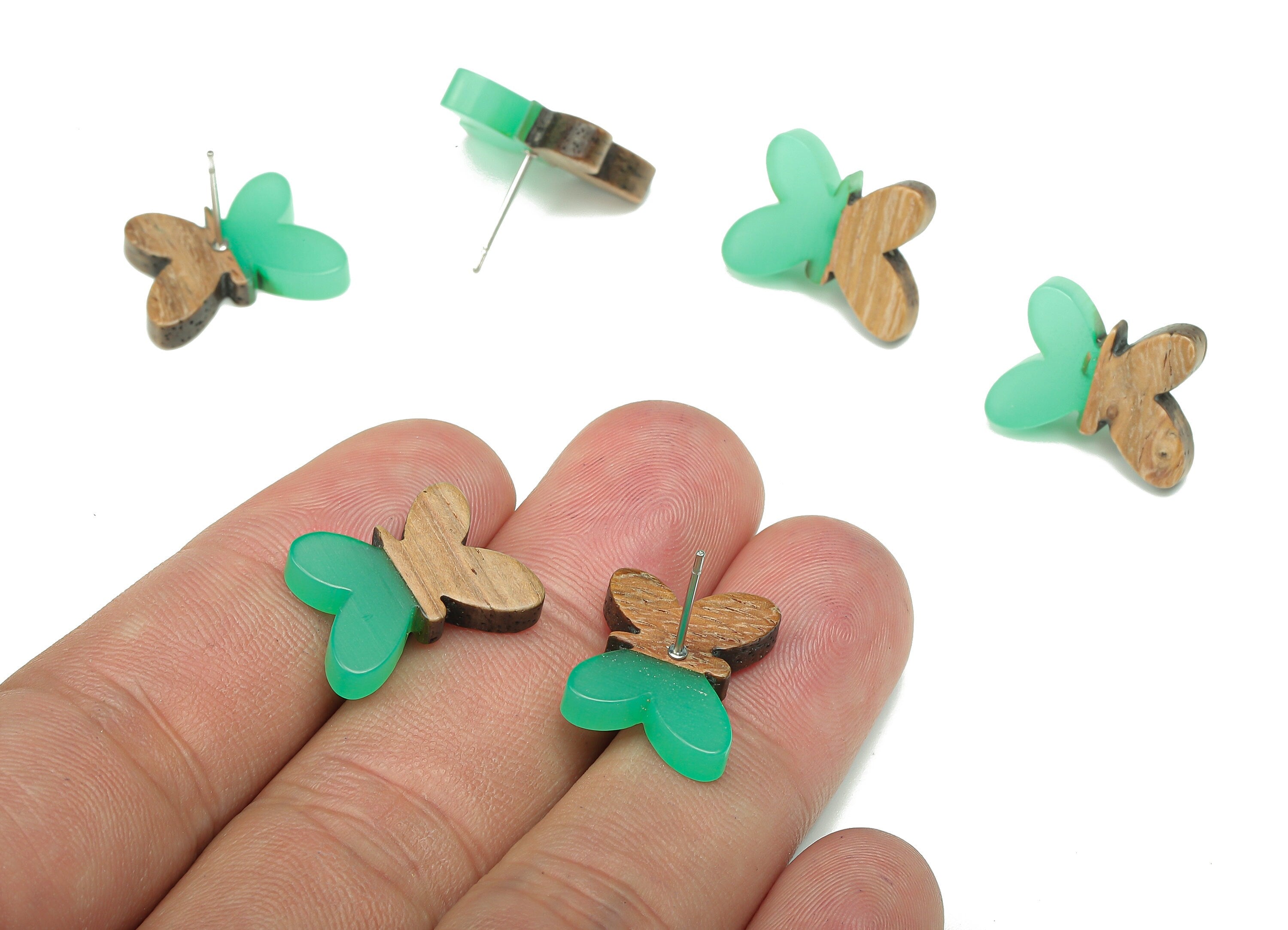 Natural Wooden Butterfly Earring Stud - Walnut Wood Green Resin Earring Post - 316 Stainless Steel Stud - 18.13x13.48x3.17mm - BB1273K - DOMEDBAZAAR