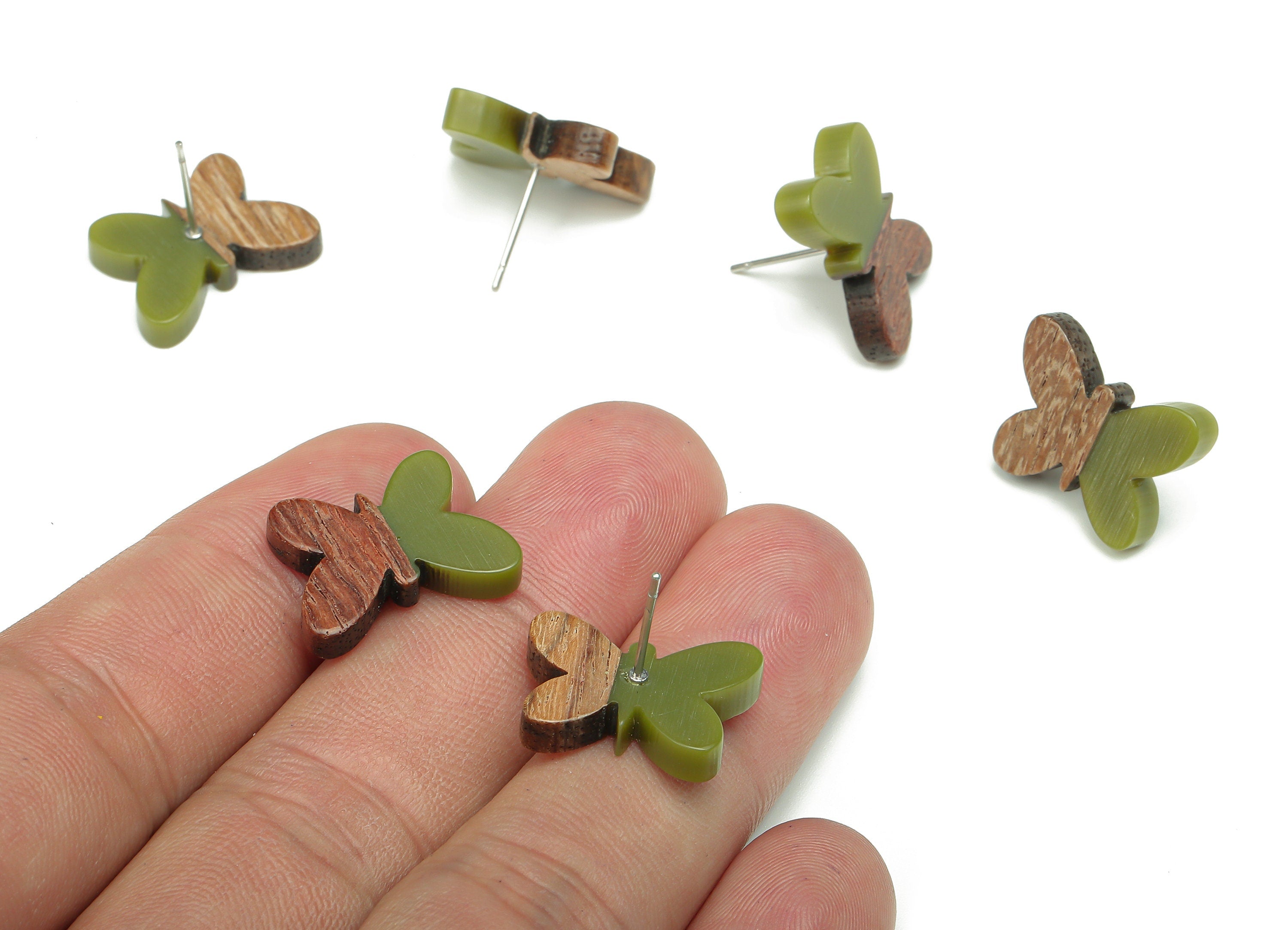 Natural Wooden Butterfly Earring Stud - Walnut Wood Green Resin Earring Post - 316 Stainless Steel Stud - 18.13x13.48x3.17mm - BB1273R - DOMEDBAZAAR