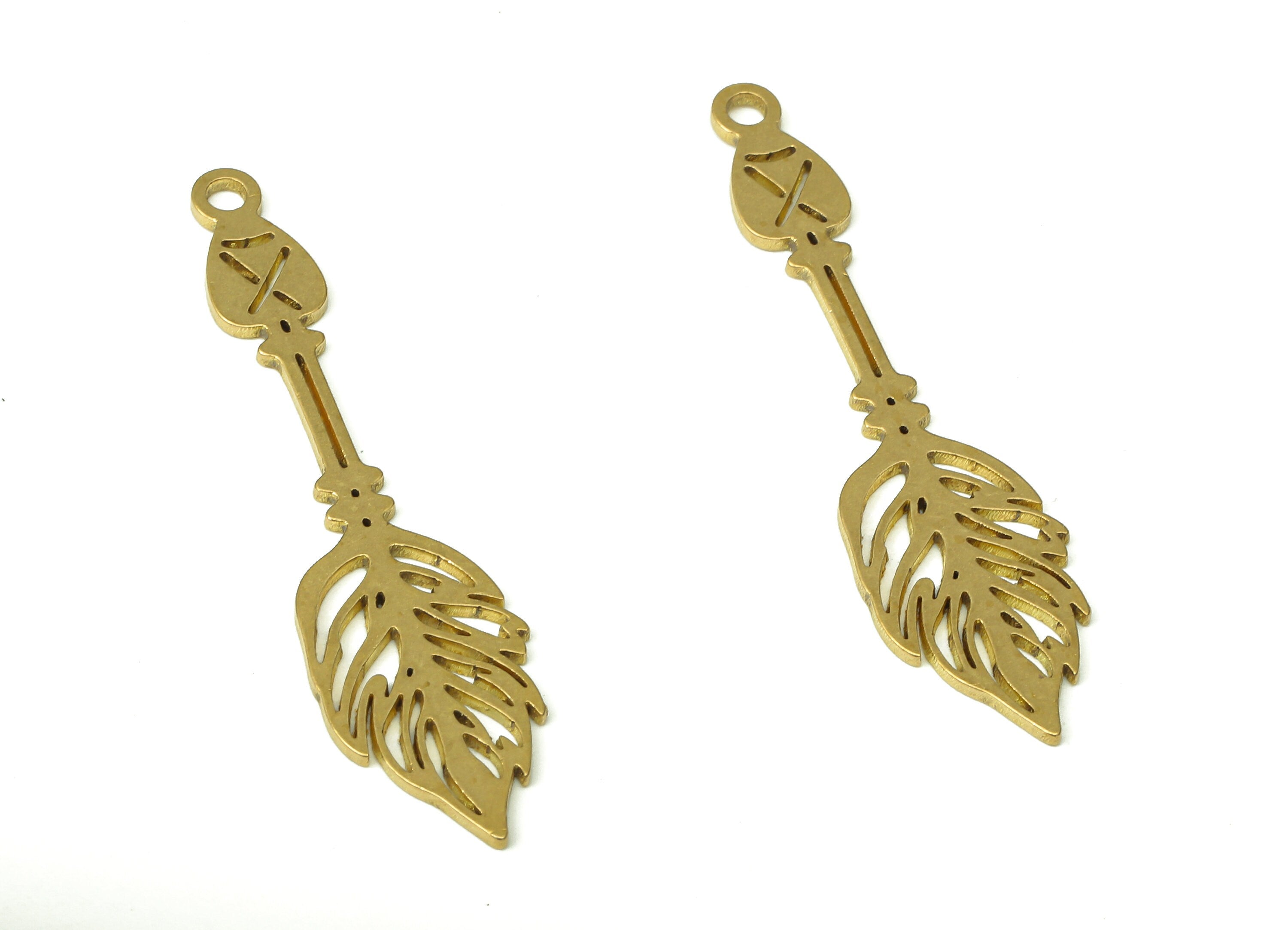 Brass Arrow Earring Charm - Raw Brass Arrow Feather Cutout Pendant With Loop - Earring Charm - Earring Finding - 41.69x10.6x0.86mm - PPA4353 - DOMEDBAZAAR