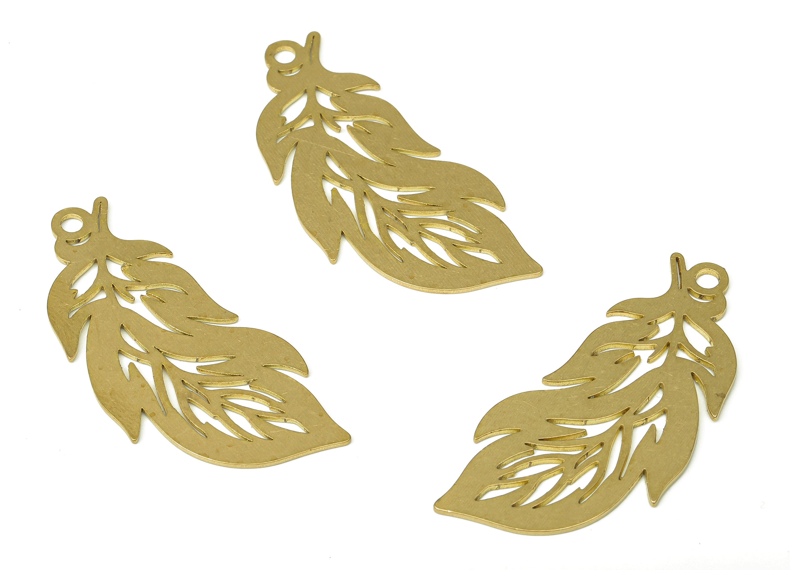 Brass Leaf Earring Charms - Raw Brass Leaves Feather Cutout Pendant With Loop - Earring Findings - 38.6x17.82x0.71mm - PPA4380 - DOMEDBAZAAR