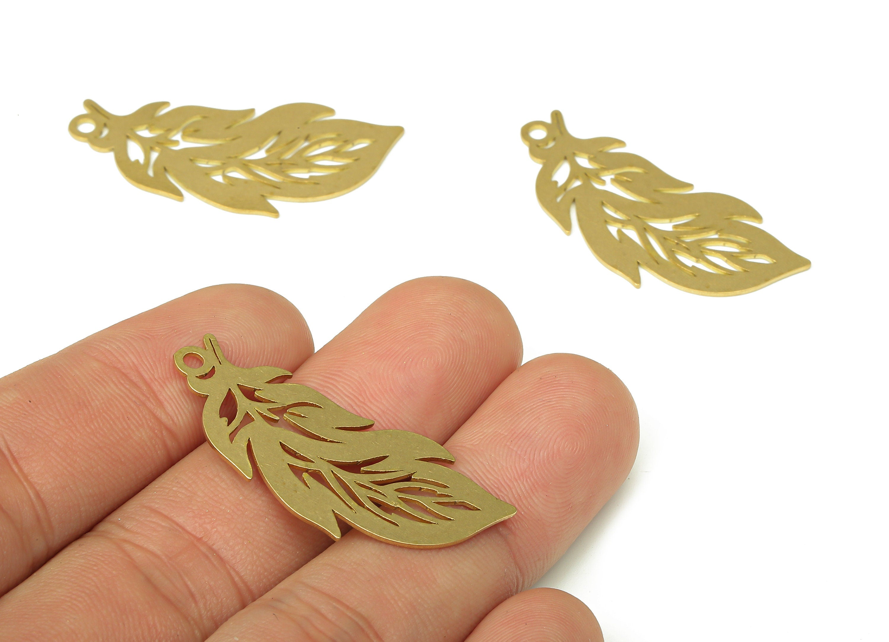 Brass Leaf Earring Charms - Raw Brass Leaves Feather Cutout Pendant With Loop - Earring Findings - 38.6x17.82x0.71mm - PPA4380 - DOMEDBAZAAR