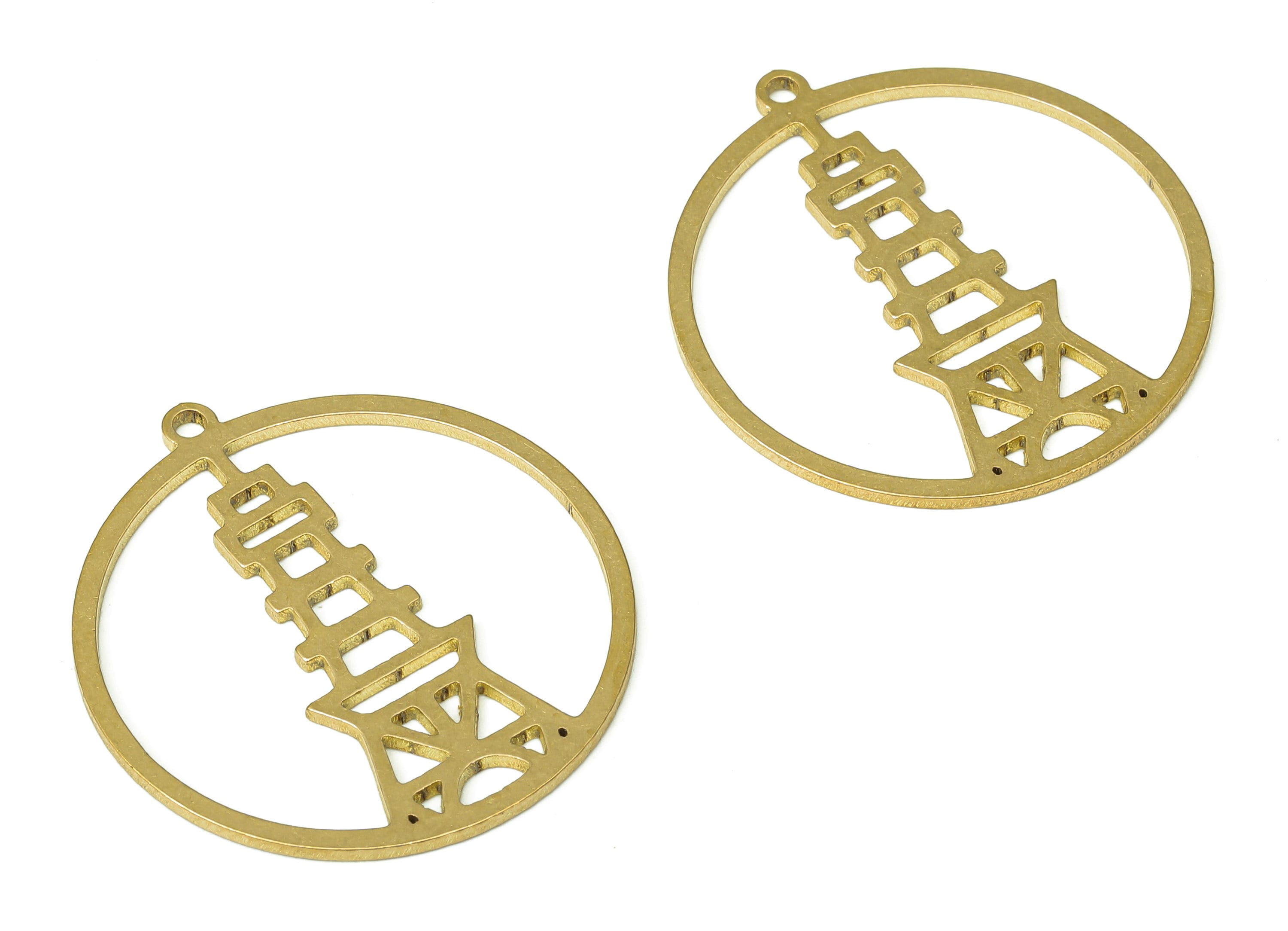 Brass Round Tower Hoop Earring Charms - Raw Brass Circle Tower Cutout Pendant With Loop - Earrings Finding - 29.87x27.44x0.85mm - PPA4474 - DOMEDBAZAAR