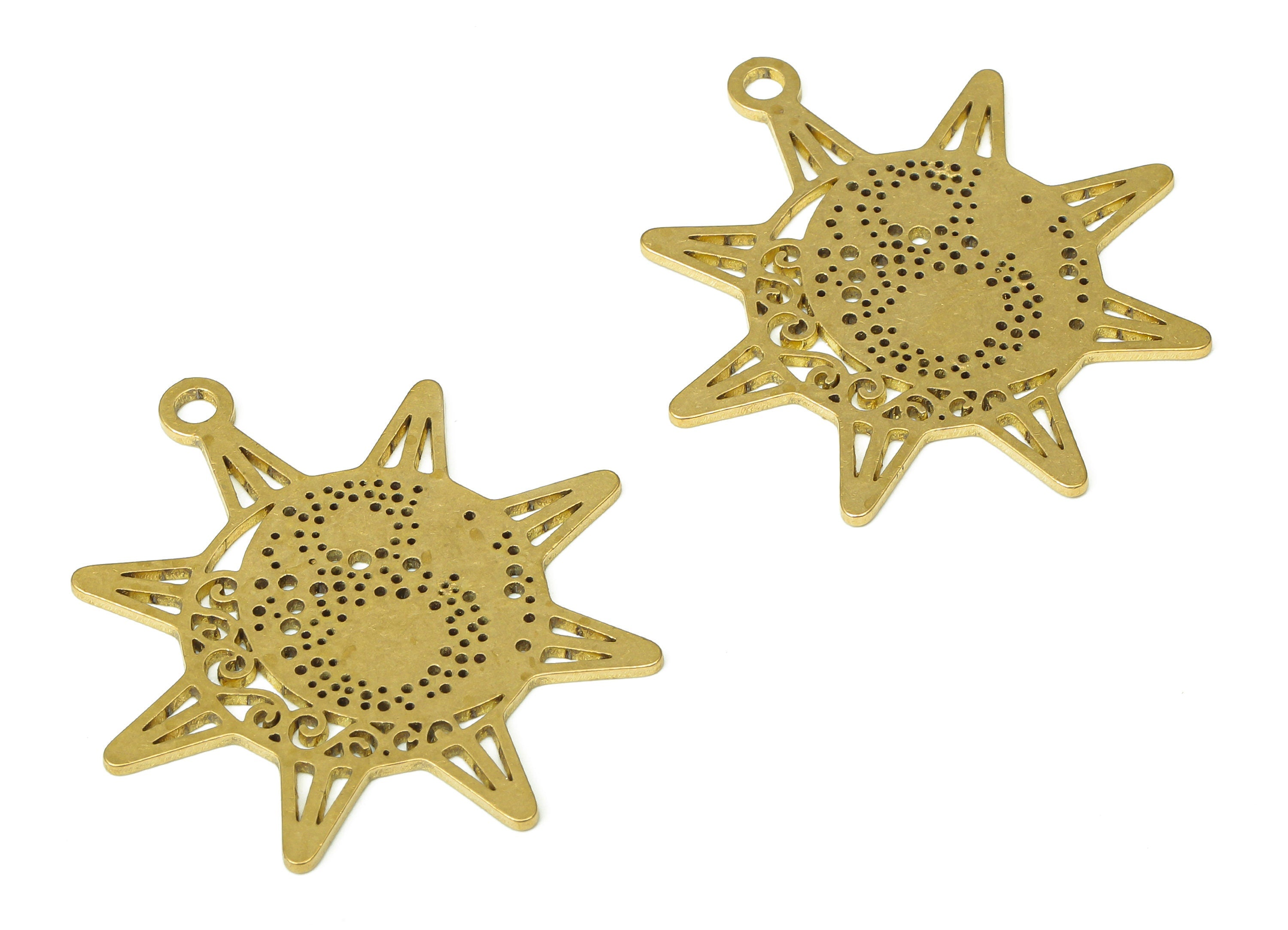 Brass Round Sun Earring Charms - Raw Brass Planet Circle Star Cutout Pendant With Loop - Earrings Finding - 35.86x30.17x0.79mm - PPA4695 - DOMEDBAZAAR