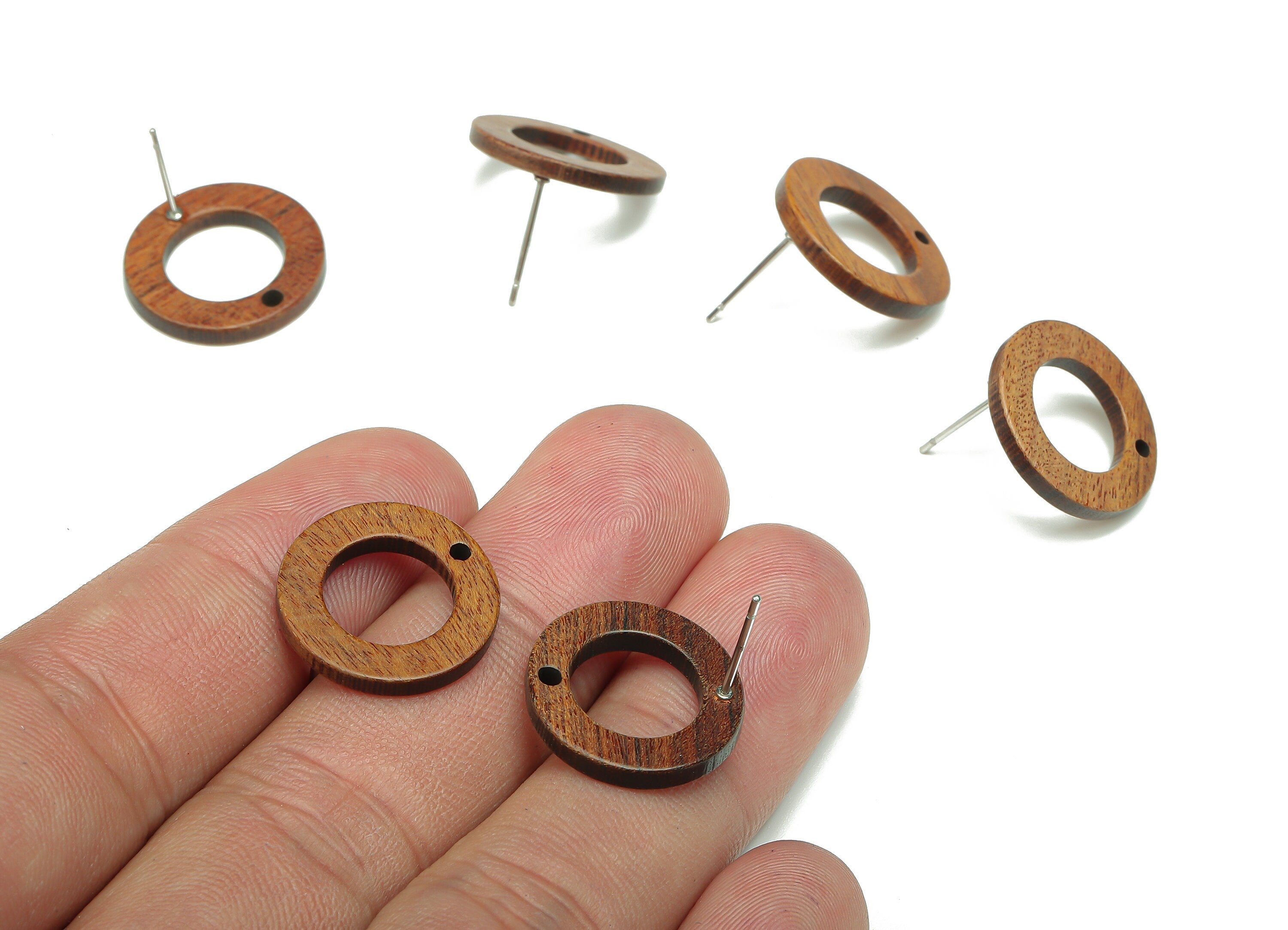 Natural Wooden Hoop Earring Stud - Walnut Wood  Brown Circle Earring Post - Round Charm - 316 Stainless Steel Stud - 17.6x17.6x1.8mm -BB1274 - DOMEDBAZAAR