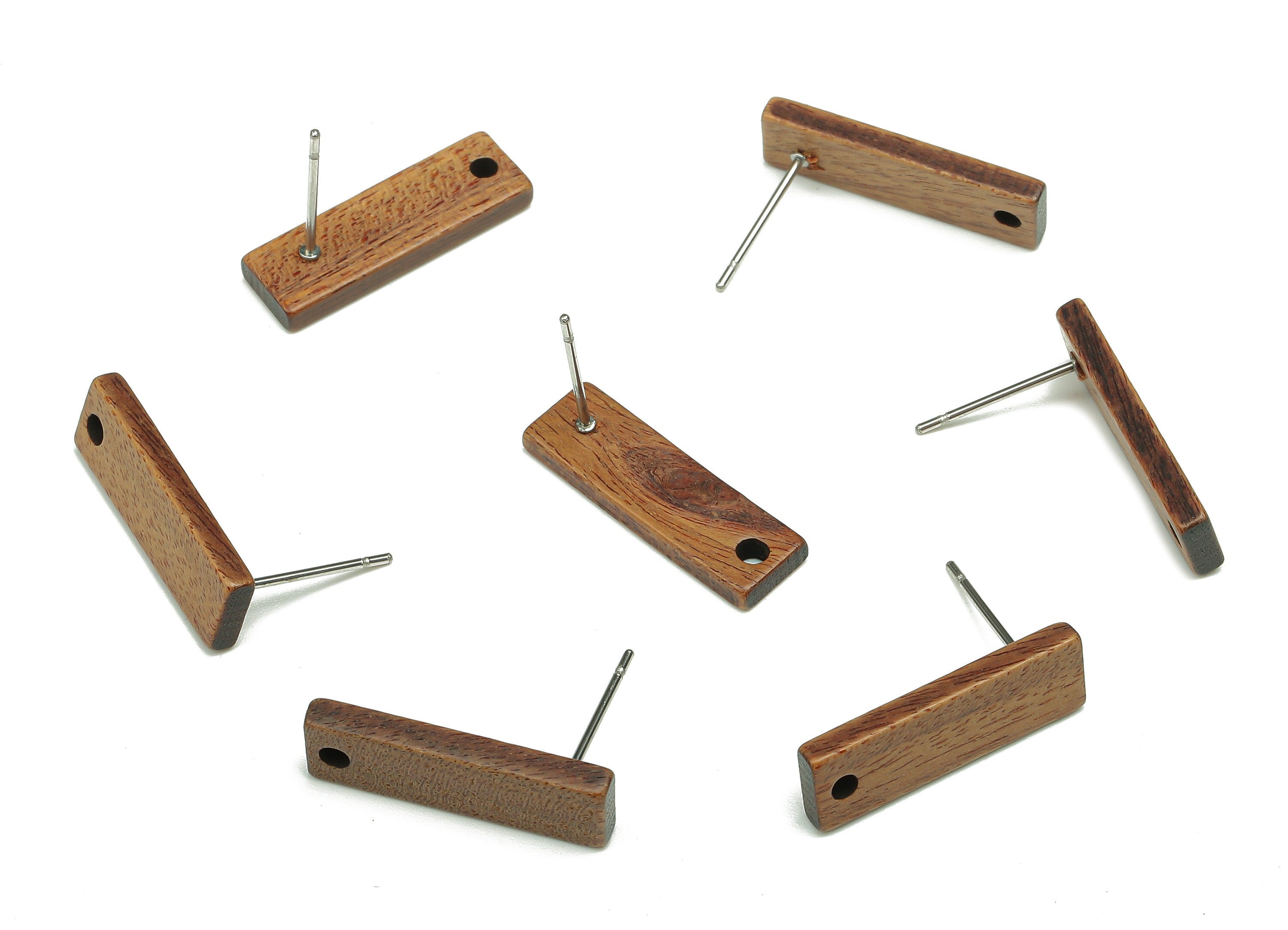 Natural Wooden Bar Earring Stud - Walnut Wood  Brown Rectangle Earring Post - 316 Stainless Steel Stud - 20.1x6.4x2.2mm - BB1275 - DOMEDBAZAAR