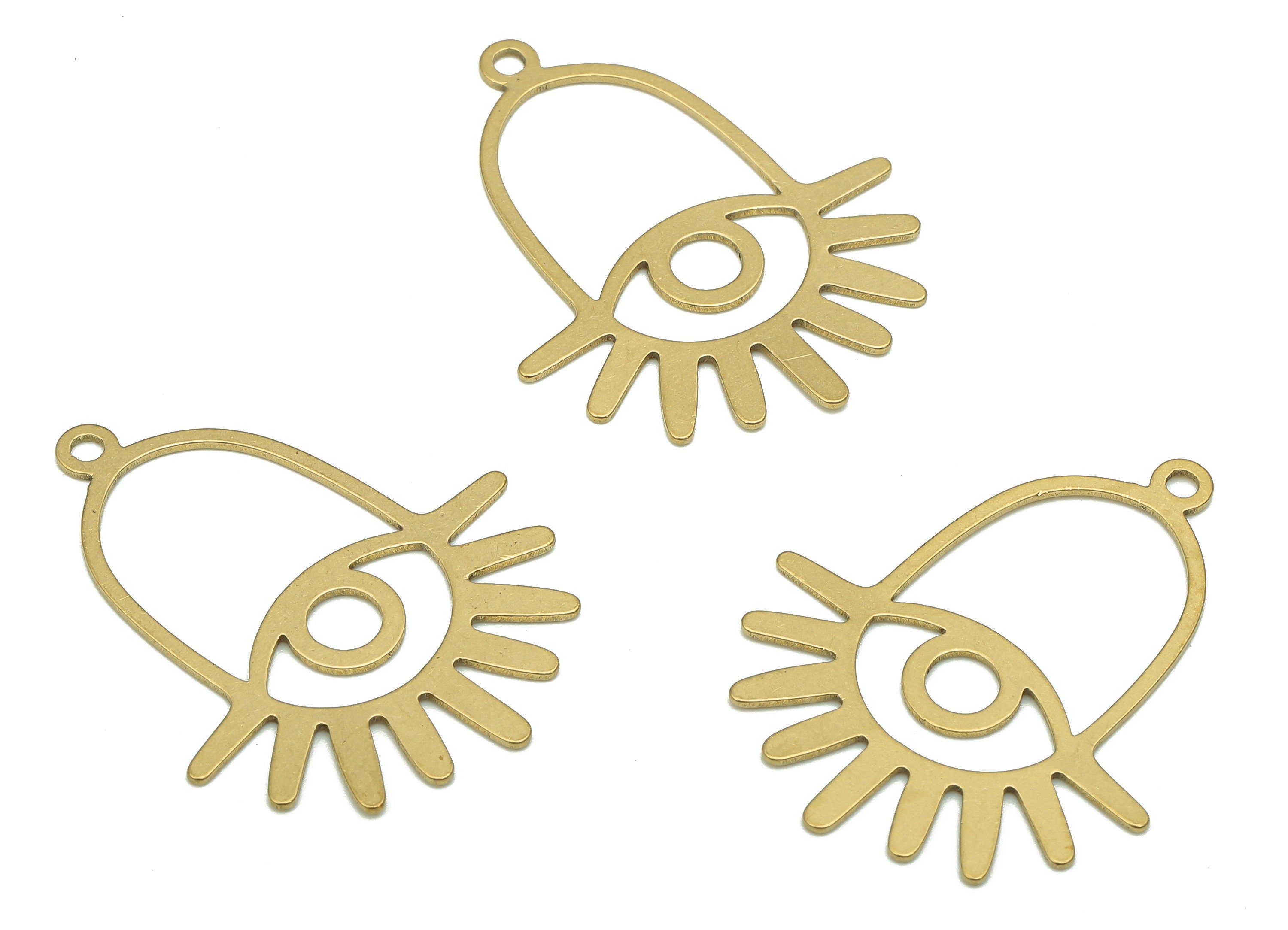 Brass Eye Bell Earring Charm - Raw Brass Eyelashes Earring - Sun Eye Pendant With Loop - Oval Charm For Necklace - 29.77x23.89x0.54mm-PP7966 - DOMEDBAZAAR