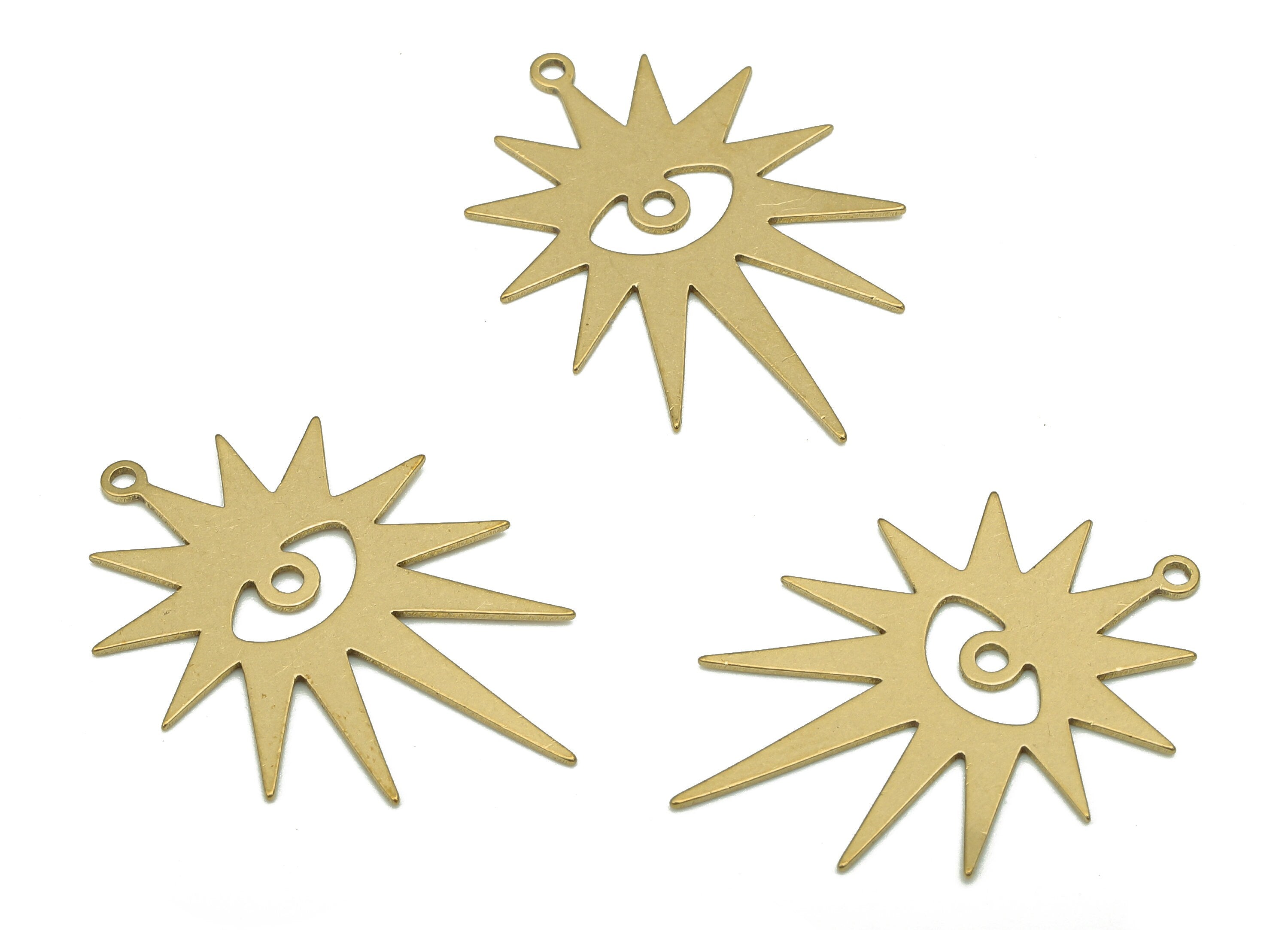 Brass Eye Earring Charm - Raw Brass Eyelashes Earring - Sun Eye Pendant With Loop - Sun Eye Charm For Necklace - 29.65x20.46x0.52mm-PP7967 - DOMEDBAZAAR