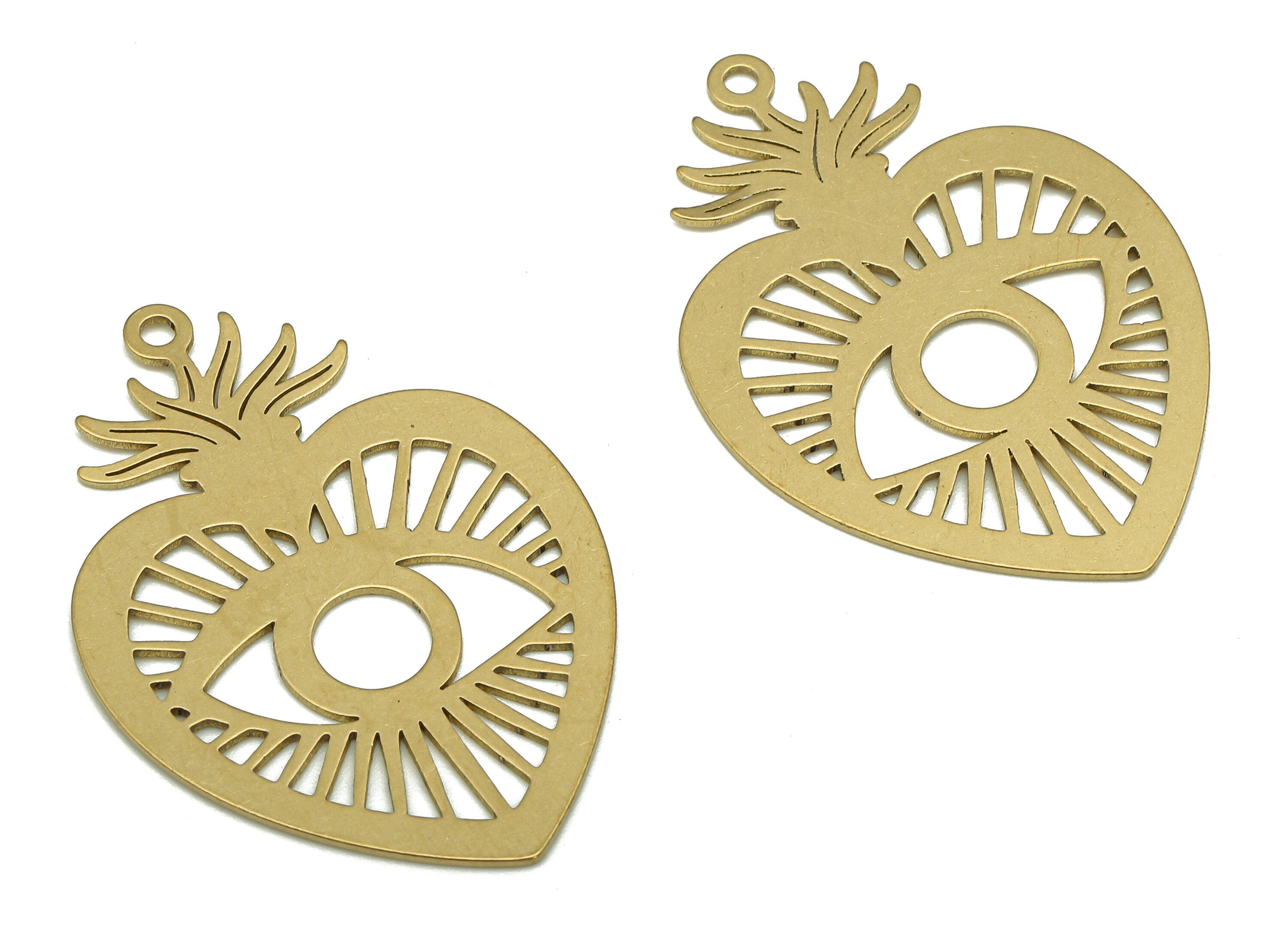 Brass Eye Earring Charm - Raw Brass Heart Earring - Sun Eye Pendant With Loop - Strawberry Charm For Necklace - 34.77x24.09x0.58mm - PP7970 - DOMEDBAZAAR