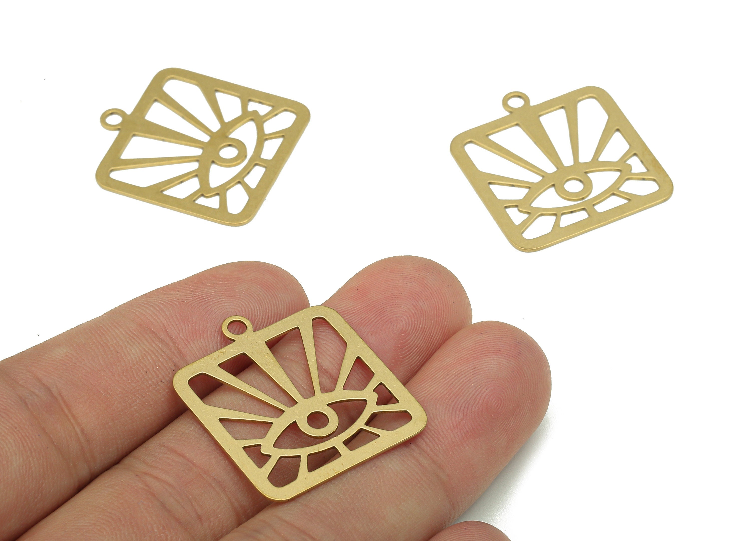 Brass Eye Earring Charm - Raw Brass Eyelashes Earring - Sun Eye Pendant With Loop - Square Charm For Necklace - 28.08x24.96x0.58mm - PP7971 - DOMEDBAZAAR