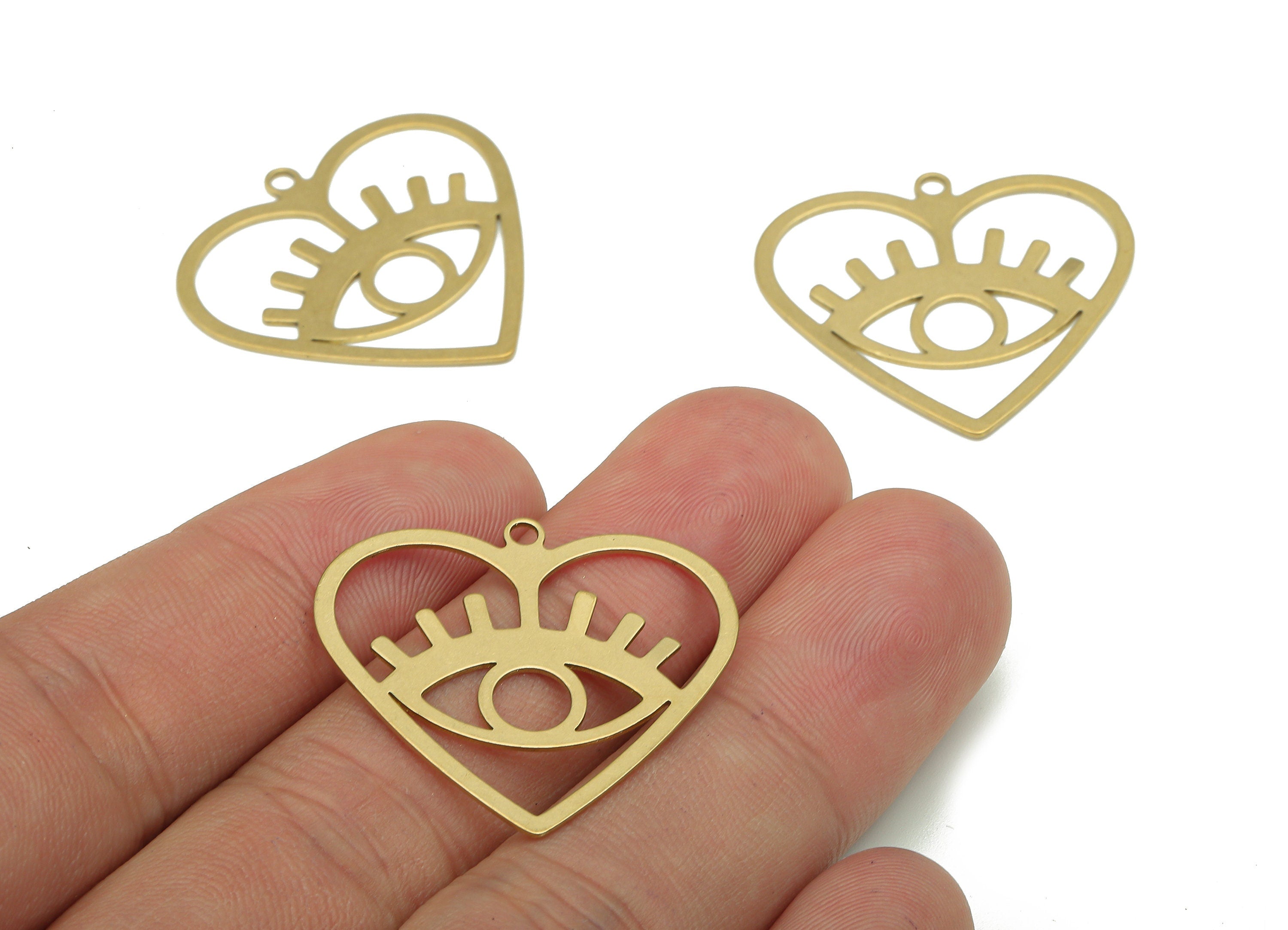 Brass Eye Earring Charm - Raw Brass Heart Earring - Sun Eye Pendant With Loop - Heart Charm For Necklace - 28.13x29.8x0.58mm - PP7977 - DOMEDBAZAAR