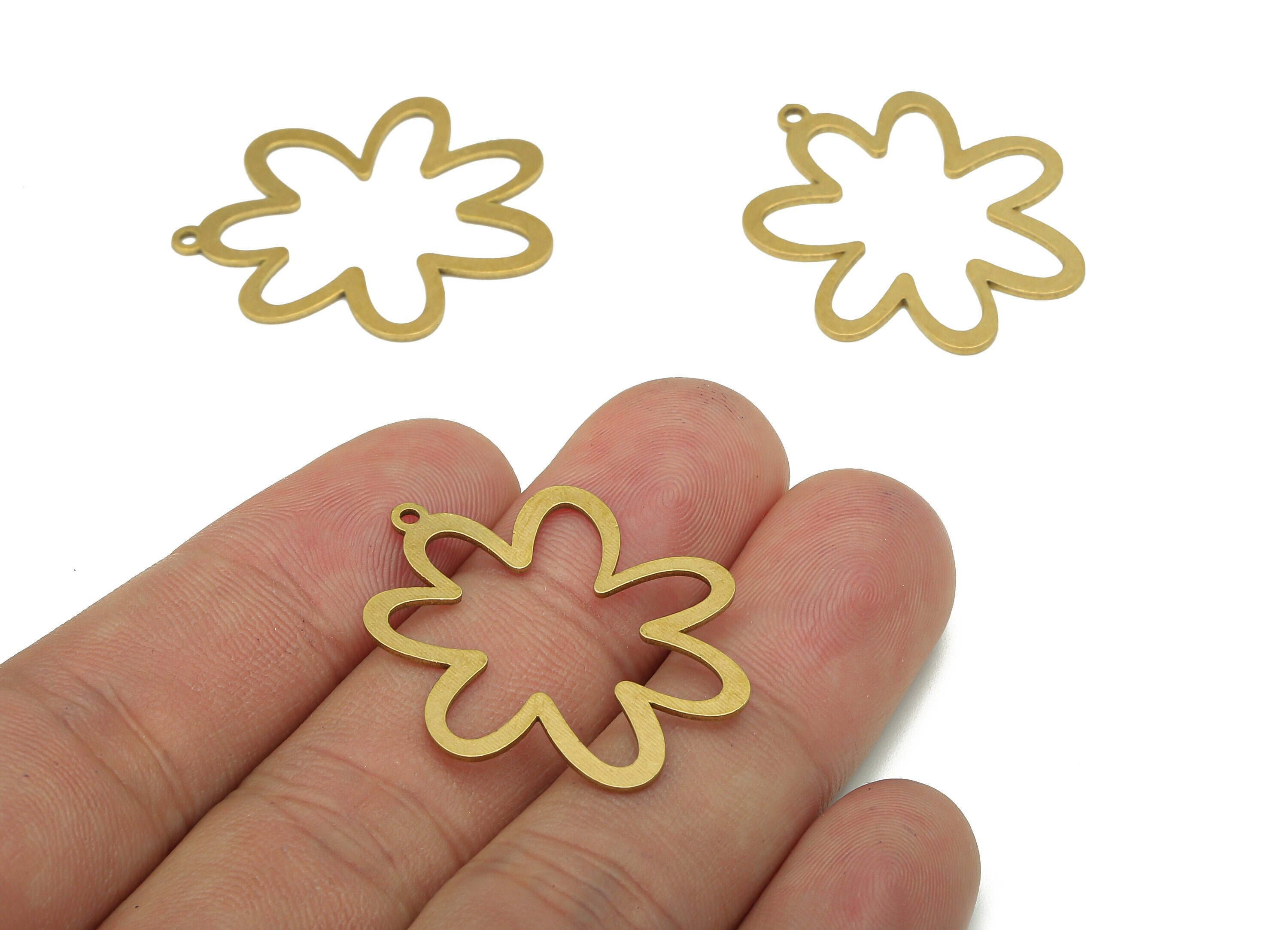 Brass Flower Ring Charms - Raw Brass Cutout Earring - Botanical Pendant With Loop - Irregular For Necklace - 31.7x27.02x0.8mm - PPA5437 - DOMEDBAZAAR