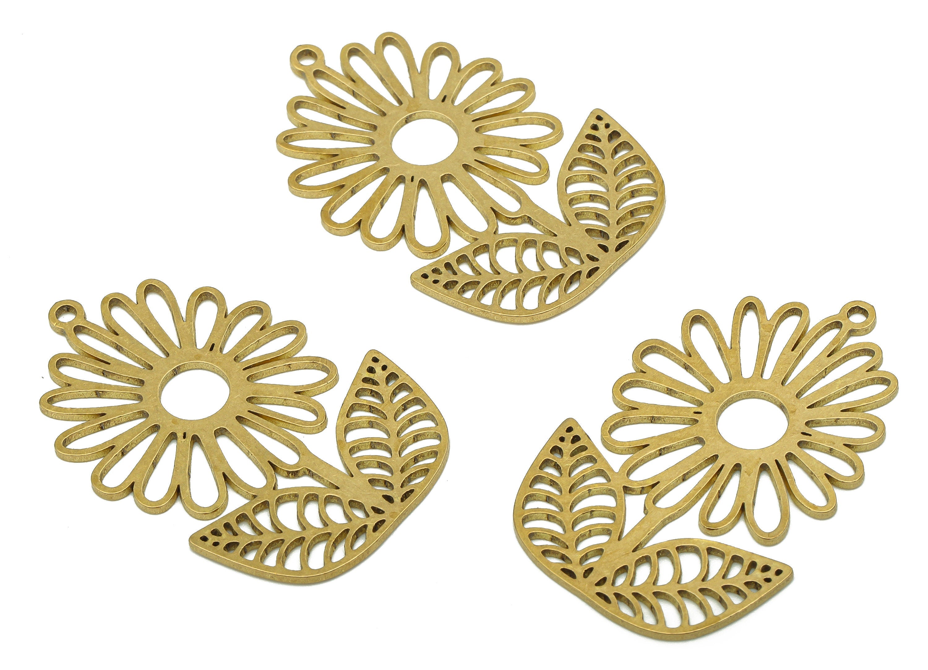 Brass Flower Charms - Raw Brass Cutout Earring - Botanical Pendant With Loop - Flower & Leaf Charm For Necklace - 35.4x22.8x0.8mm - PPA5787 - DOMEDBAZAAR