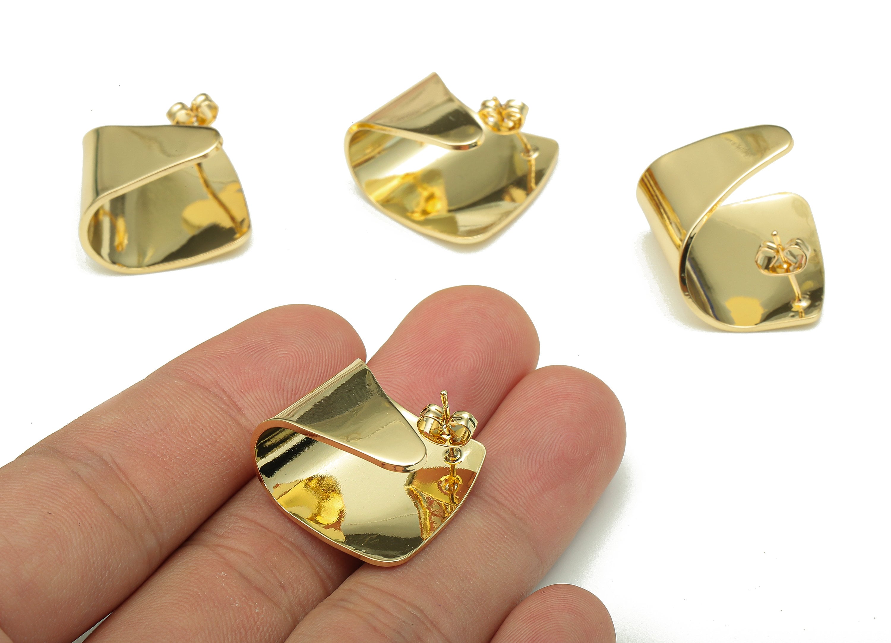 Brass Curved Triangle Earring Posts - Gold Bent Earring Stud - Stainless Steel Stud - 18K Real Gold Plating - 22.45x16.94x1.37mm - RGP5242 - DOMEDBAZAAR