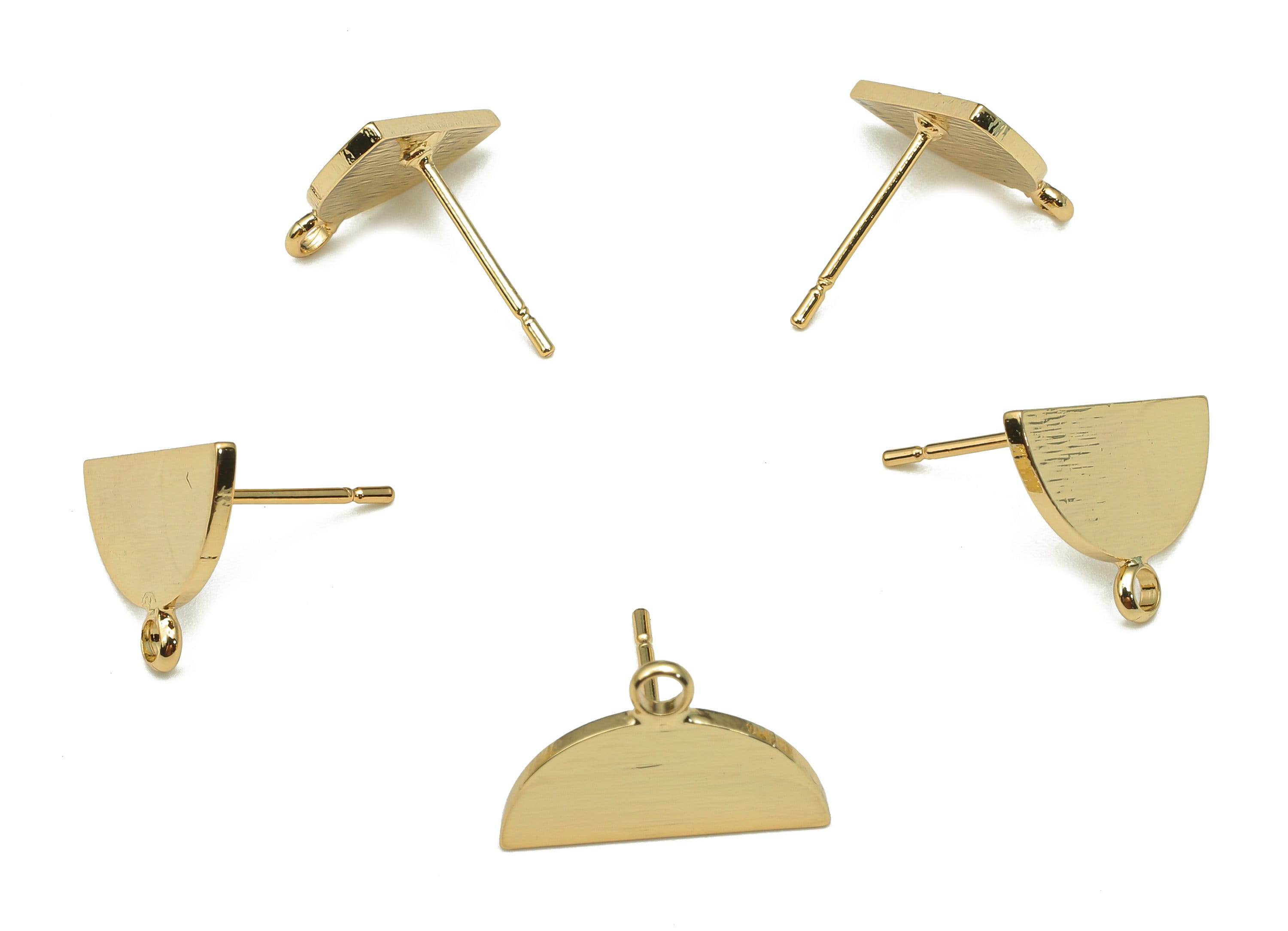 Brass Semicircle Earring Posts - Half Moon Earring With Loop - Textured tainless Steel Stud - 18K Real Gold Plating -15.2x10.3x1.1mm-RGP5246 - DOMEDBAZAAR