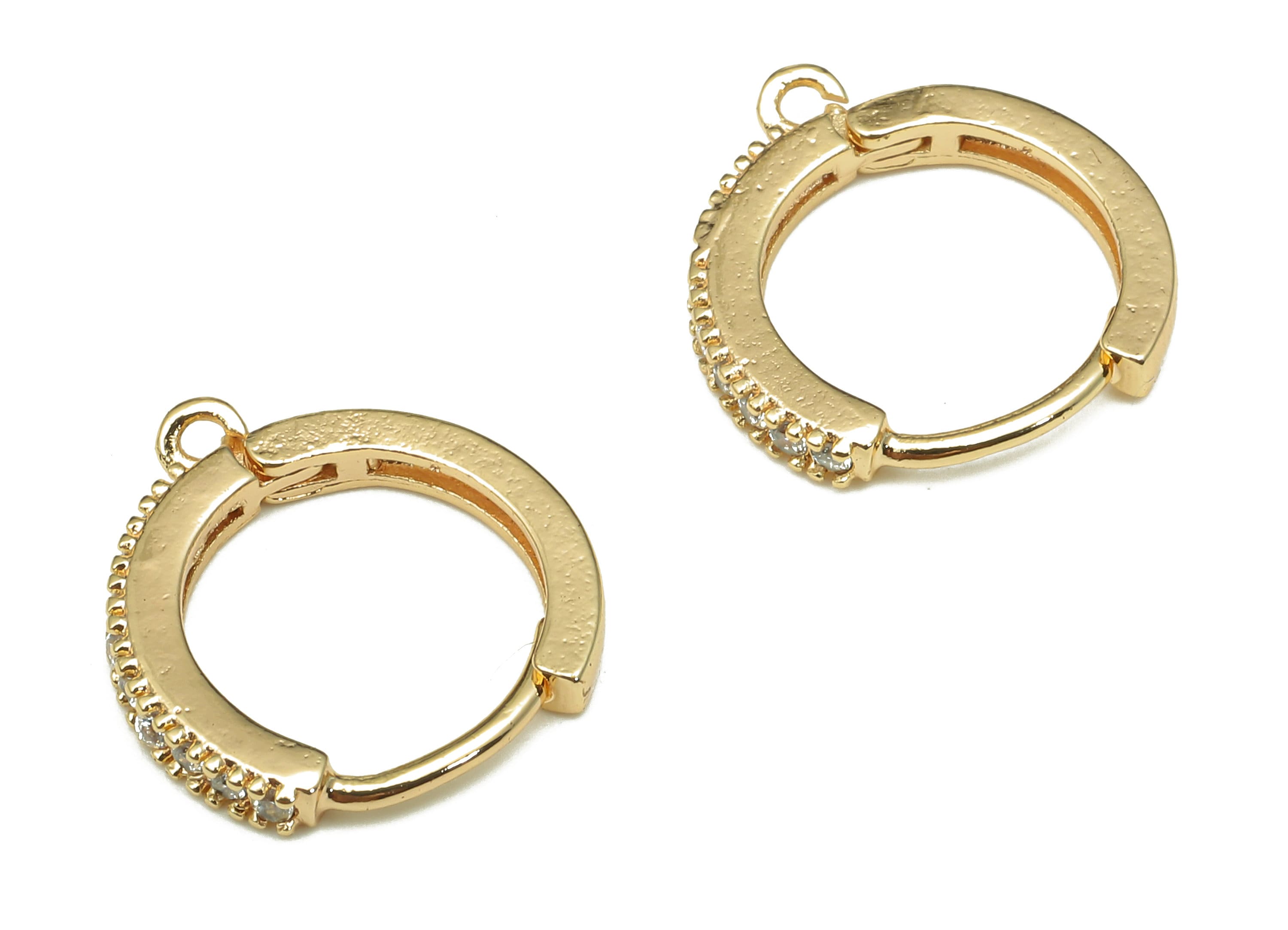 Brass Round Earring Clasp - Gold Huggie Hoop With Loop - Circle Pendant With Zircons - 18K Real Gold Plating Charm - 14.7x13.8x2mm - RGP5254 - DOMEDBAZAAR