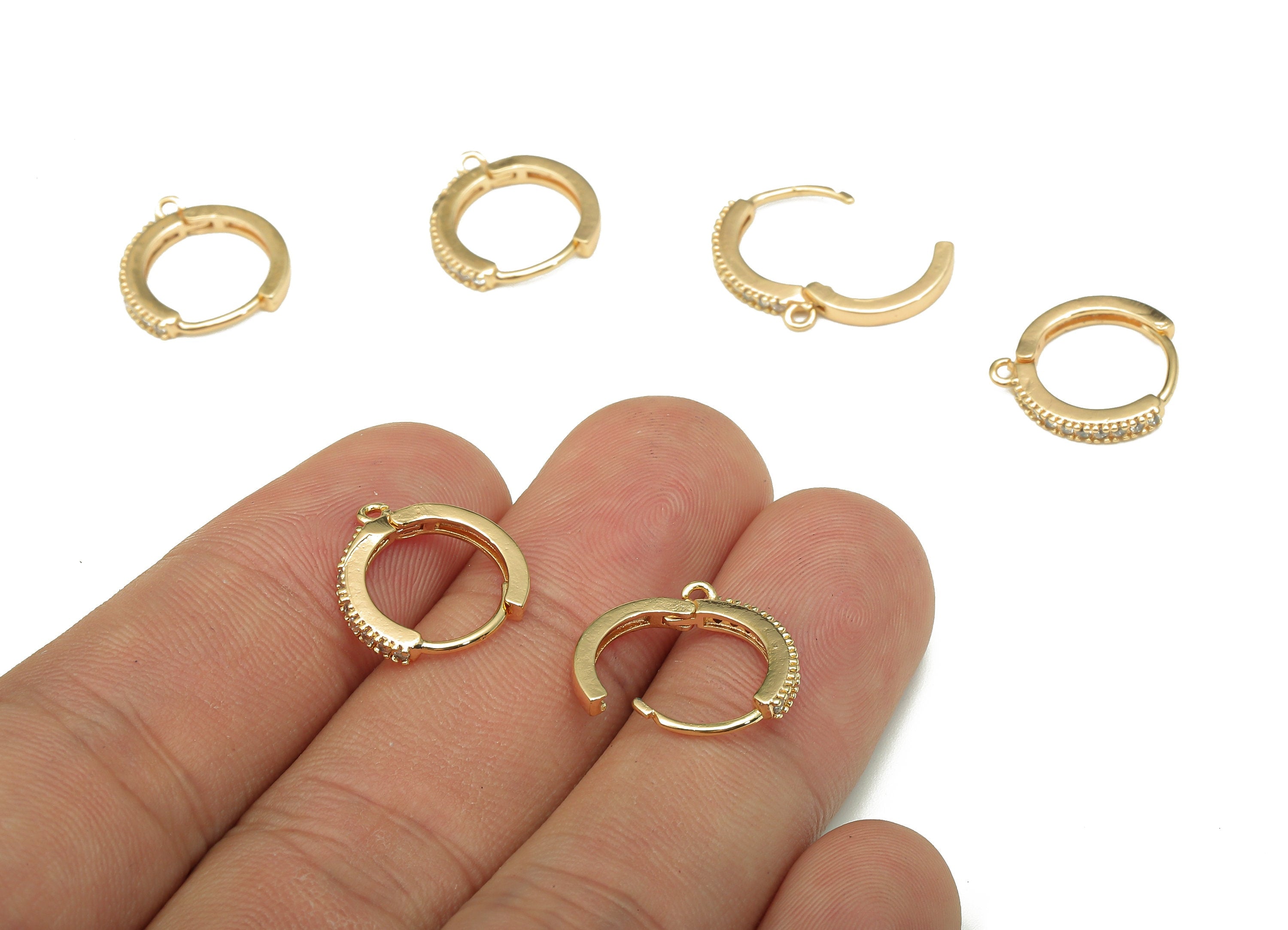 Brass Round Earring Clasp - Gold Huggie Hoop With Loop - Circle Pendant With Zircons - 18K Real Gold Plating Charm - 14.7x13.8x2mm - RGP5254 - DOMEDBAZAAR