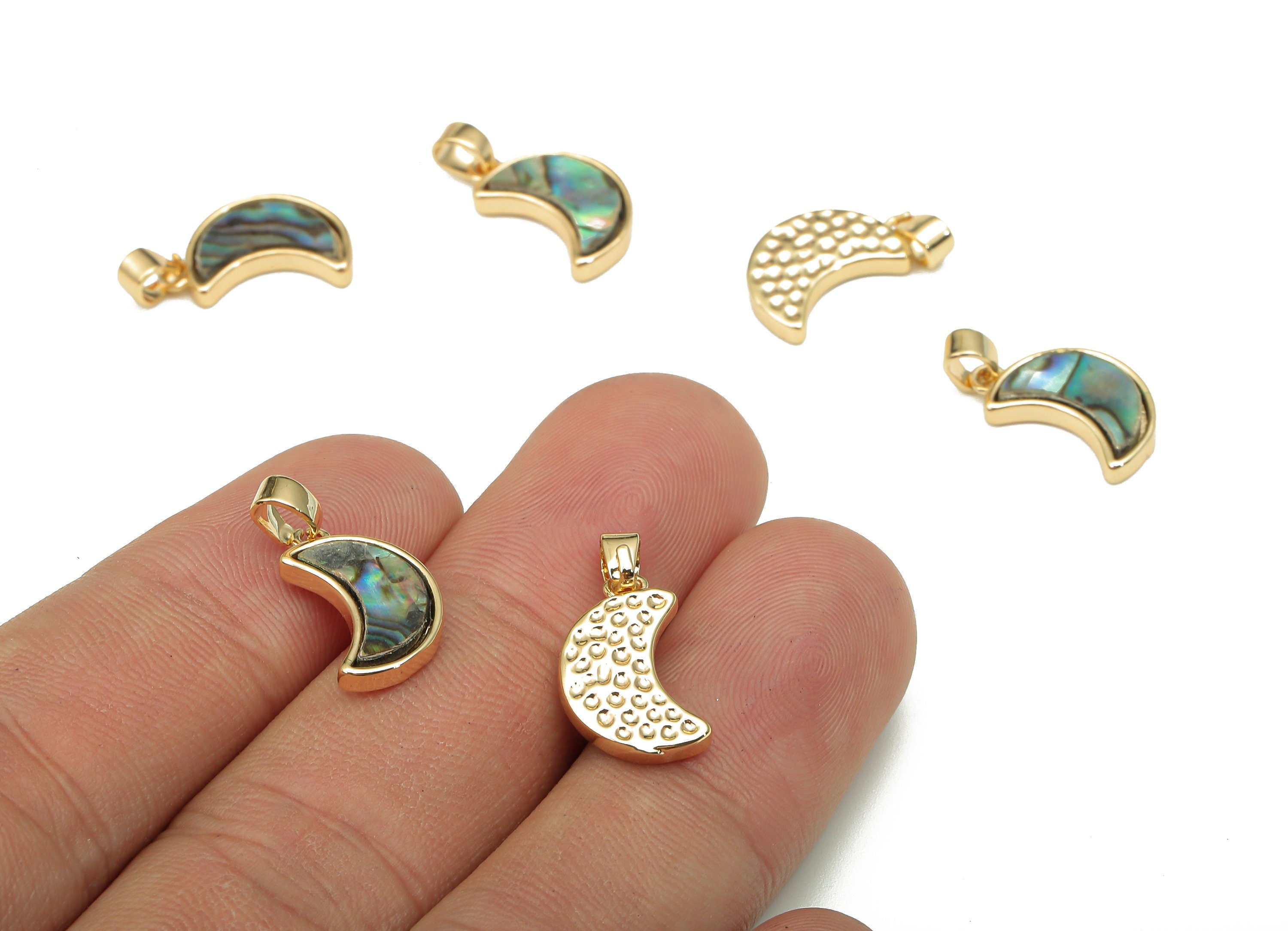 Brass Crescent Pendant - Abalone Shell Mini Moon Charm - Pendant For Necklace - 18K Real Gold Plating Charm - 18.6x9.3x2.4mm - RGP5258 - DOMEDBAZAAR