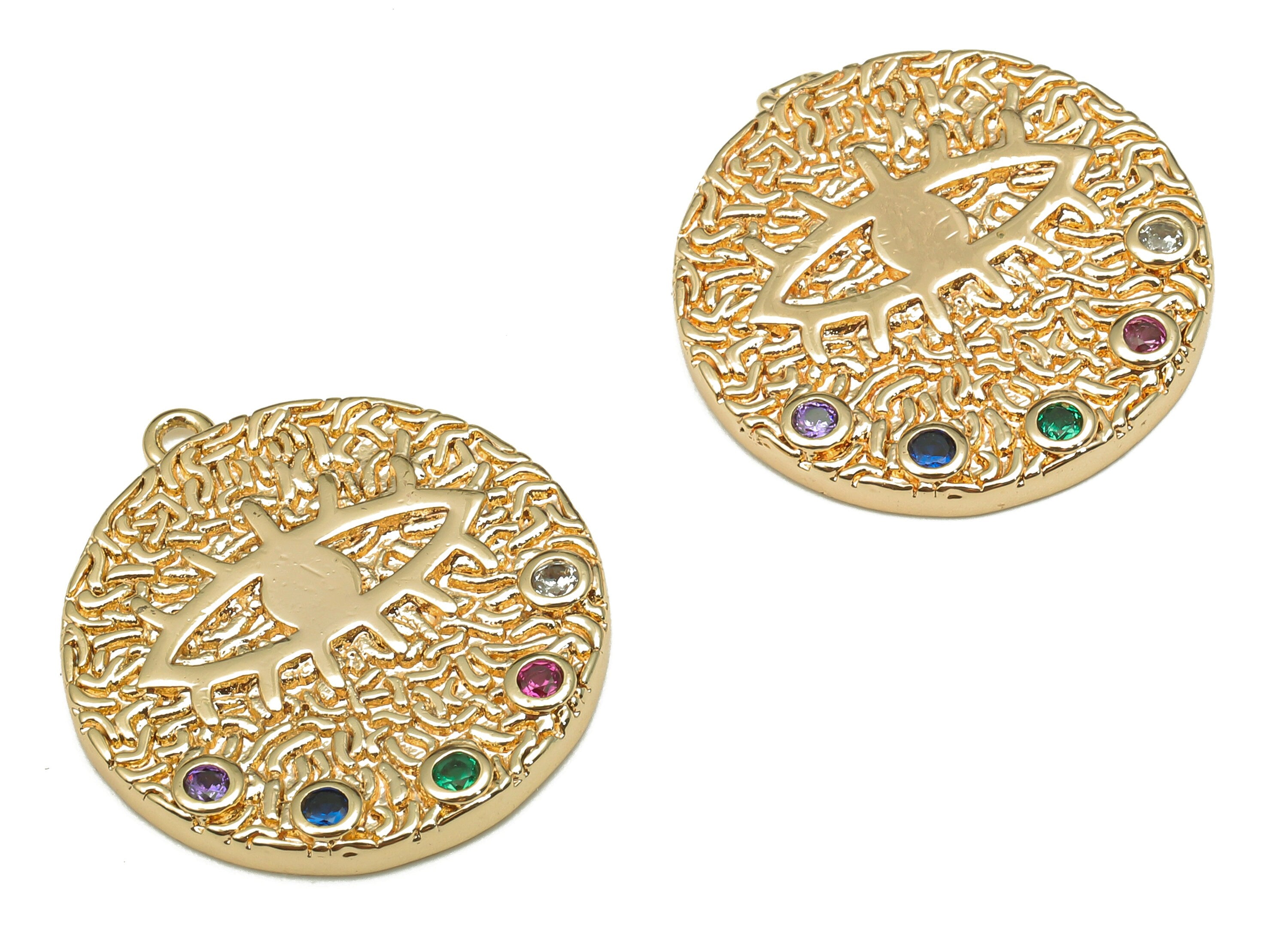 Brass Round Eye Charm - Rainbow Zircon Textured Earring - Circle Pendant With Loop - 18K Real Gold Plating - 21.6x19.6x2.3mm - RGP5263 - DOMEDBAZAAR