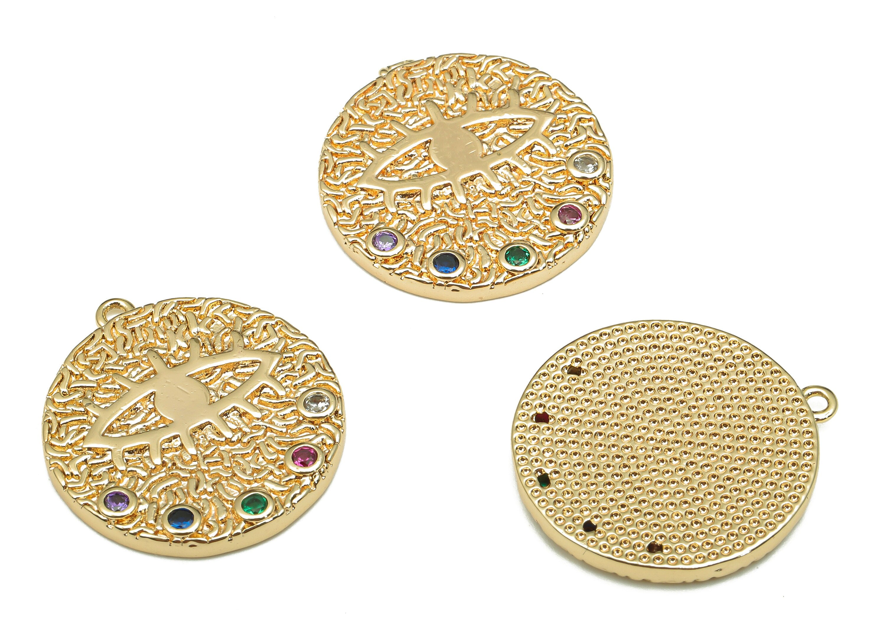Brass Round Eye Charm - Rainbow Zircon Textured Earring - Circle Pendant With Loop - 18K Real Gold Plating - 21.6x19.6x2.3mm - RGP5263 - DOMEDBAZAAR